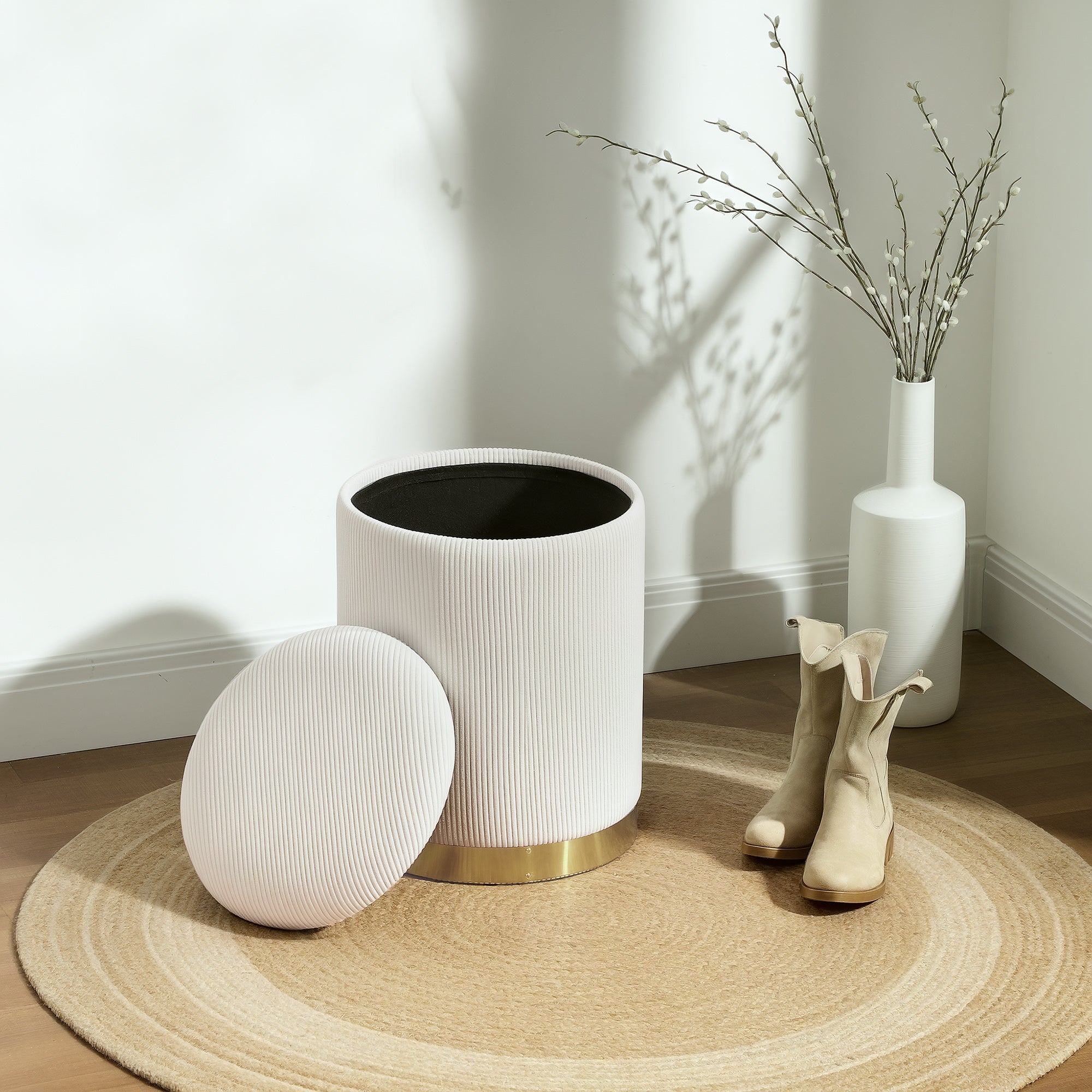 HOMCOM Sitzhocker mit Stauraum klappbare Hocker mit Deckel, Stahlboden, Runder Fußhocker 36 x 36 x 44 cm Cremeweiß