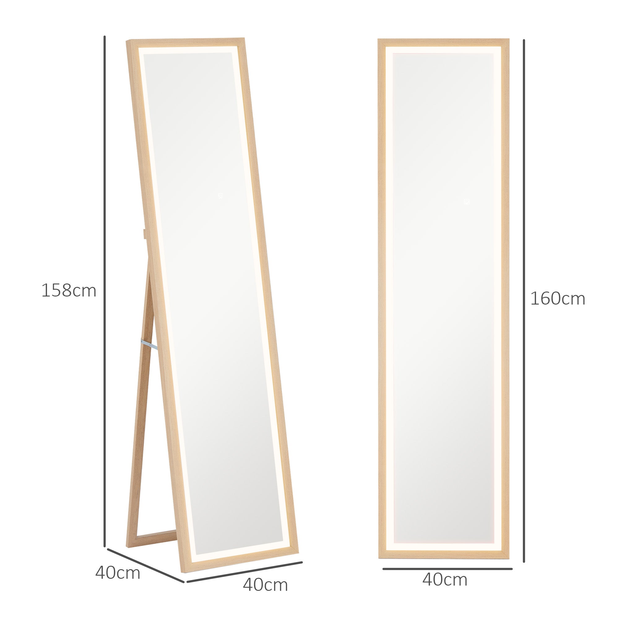 HOMCOM LED Ganzkörperspiegel, 40 x 160 cm, Touch-Steuerung, dimmbar, 3 Farben,  Eiche