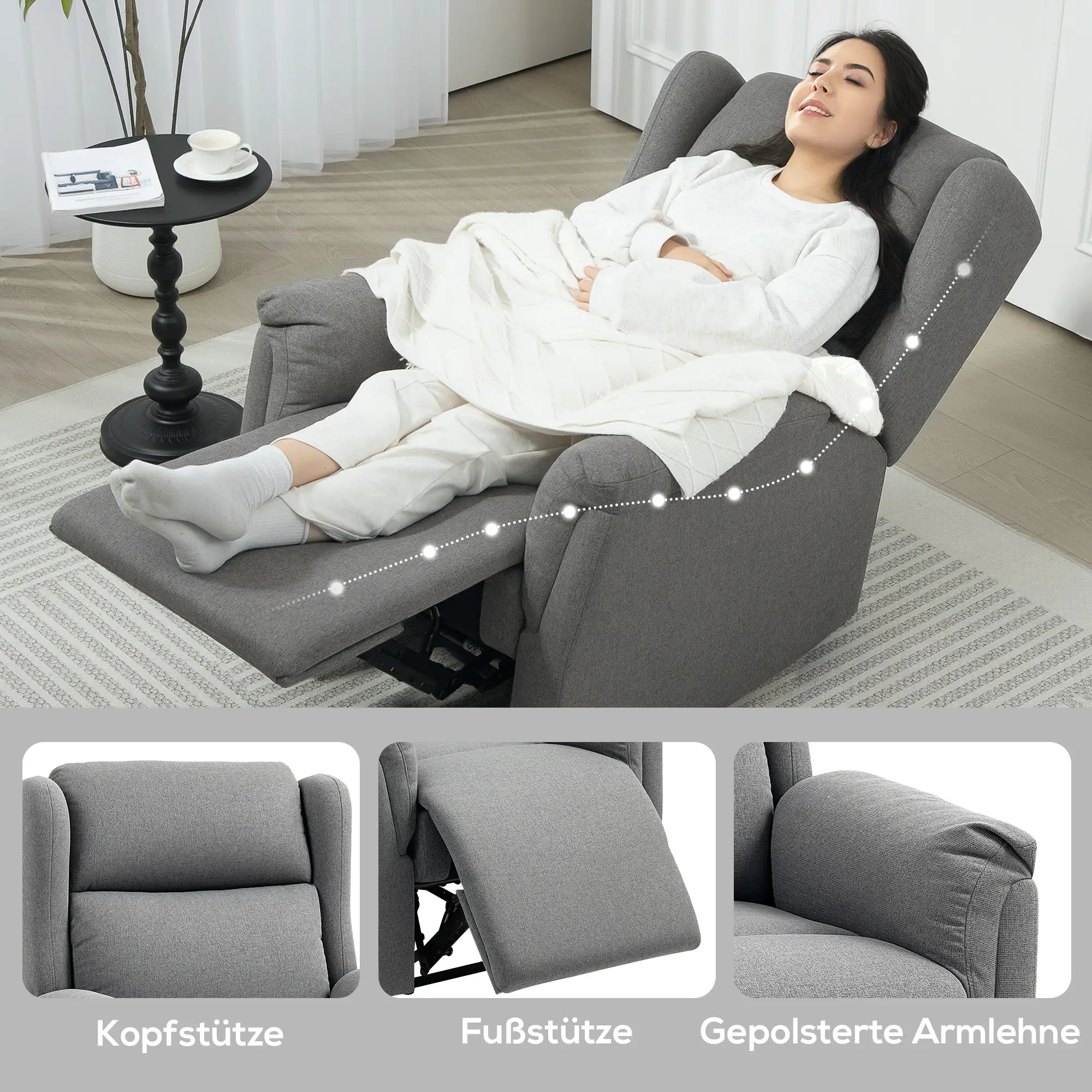 HOMCOM Relaxsessel, Verstellbarer Polstersessel mit Fußstütze, 160° neigbar, Leinenoptik, schneller Aufbau, Dunkelgrau