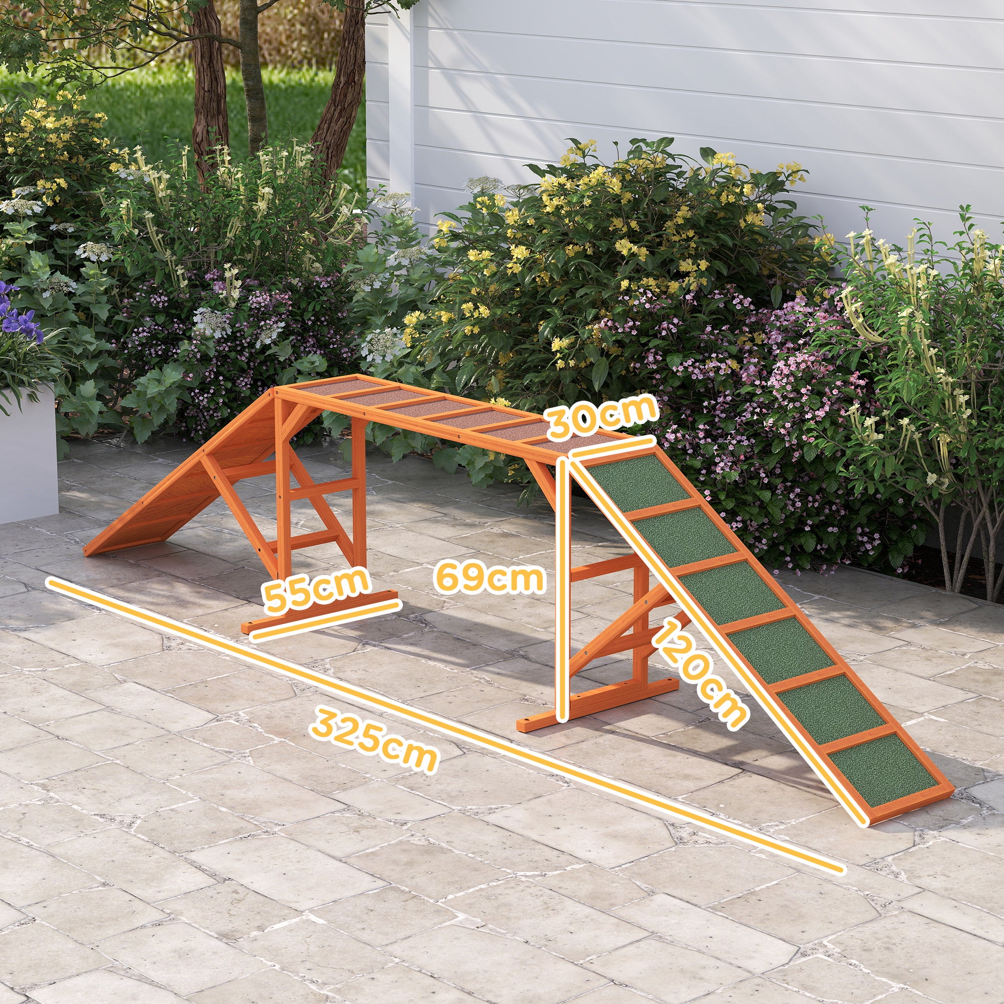 PawHut Agility Hunderampe, Parcours, rutschfest, wetterfest, Holz, 335 x 55 x 60 cm, Orange