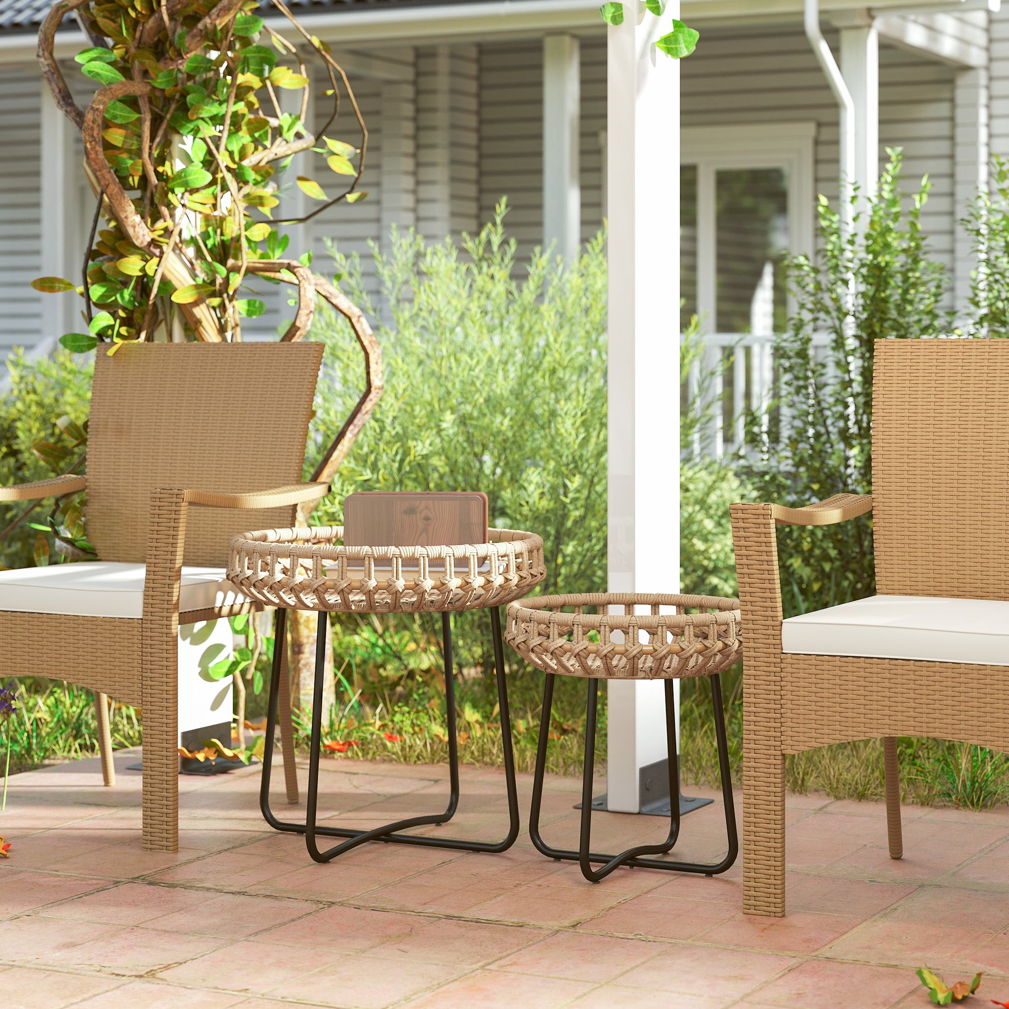 Outsunny 2er Set Beistelltisch Polyrattan Ø60/41 cm rund wetterfest Gartentisch mit X-Beine Verstellbare Fußpads Braun