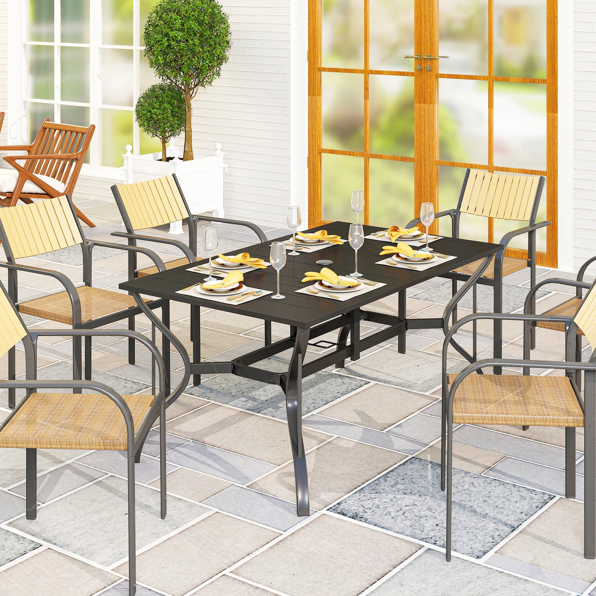 Outsunny Gartentisch Stahl 150x90 cm Wetterfest Balkontisch mit Schirmloch, Lamellen-Design für 6 Personen Schwarz
