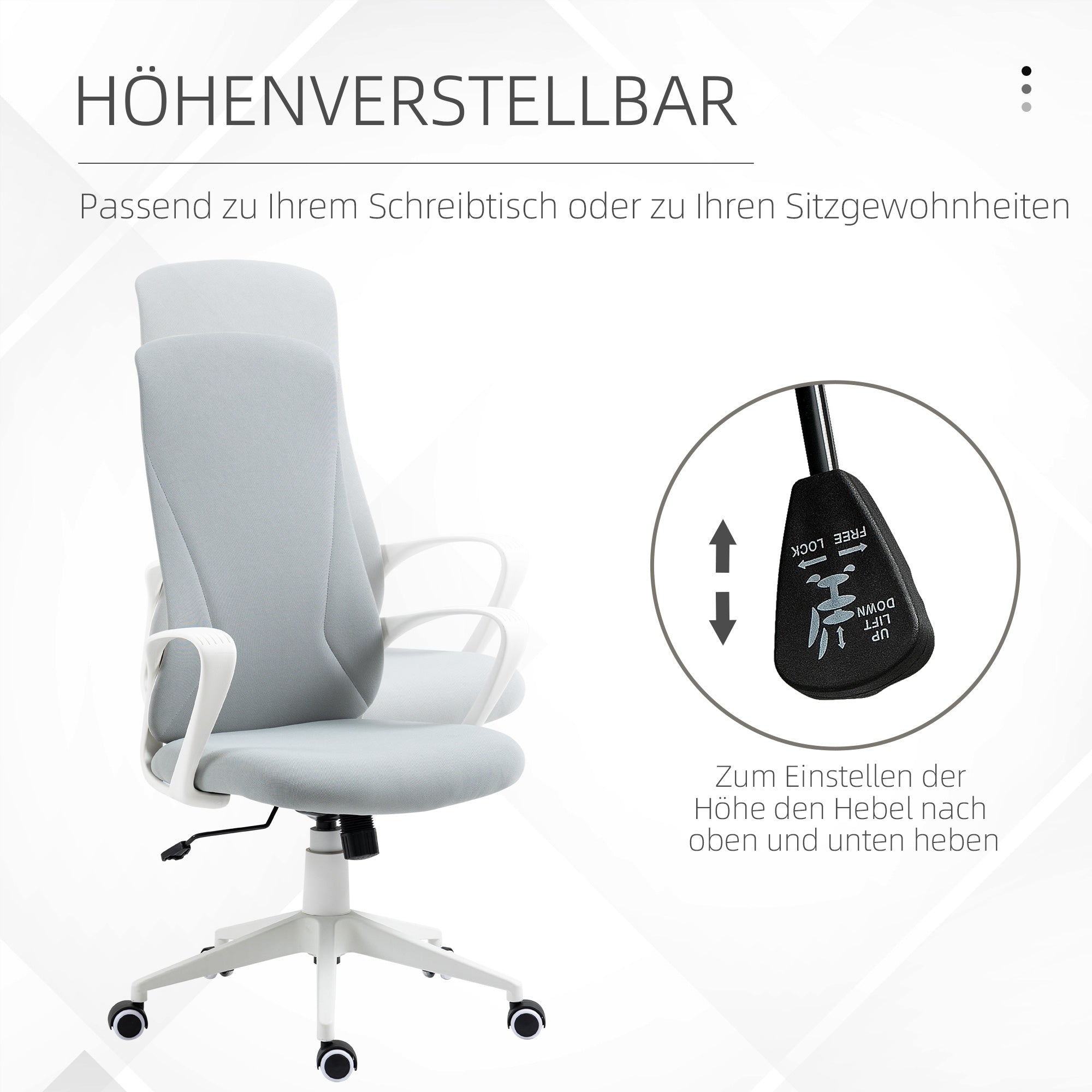 Vinsetto Bürostuhl mit Wippfunktion, Höhenverstellbar, bis 120 kg, Ergonomisch, Drehbar, 62x56x110-119,5cm, Hellgrau