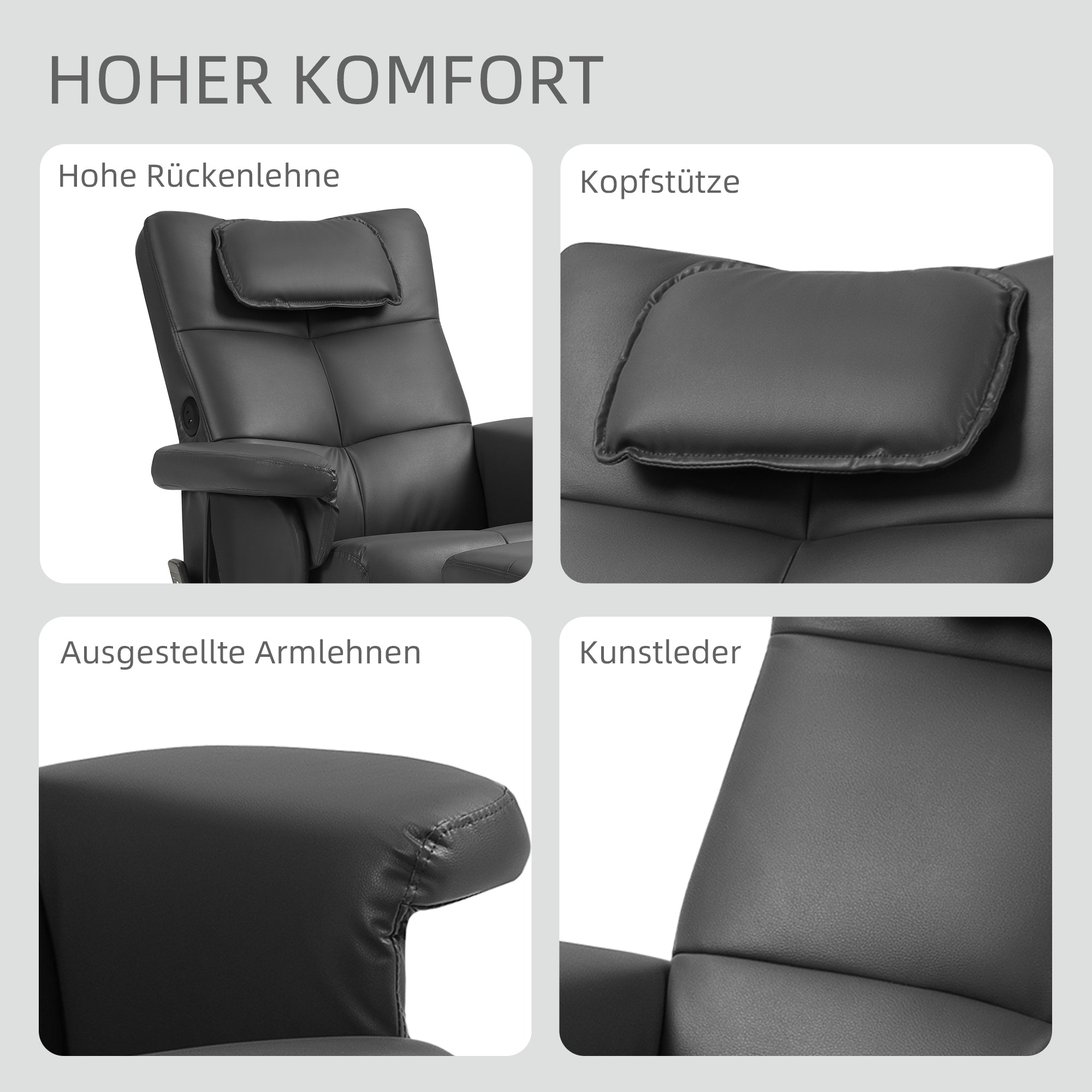 HOMCOM Massagesessel mit Hocker, verstellbare Lehne, USB-Ladeport, Lederoptik, bis 150 kg, Schwarz