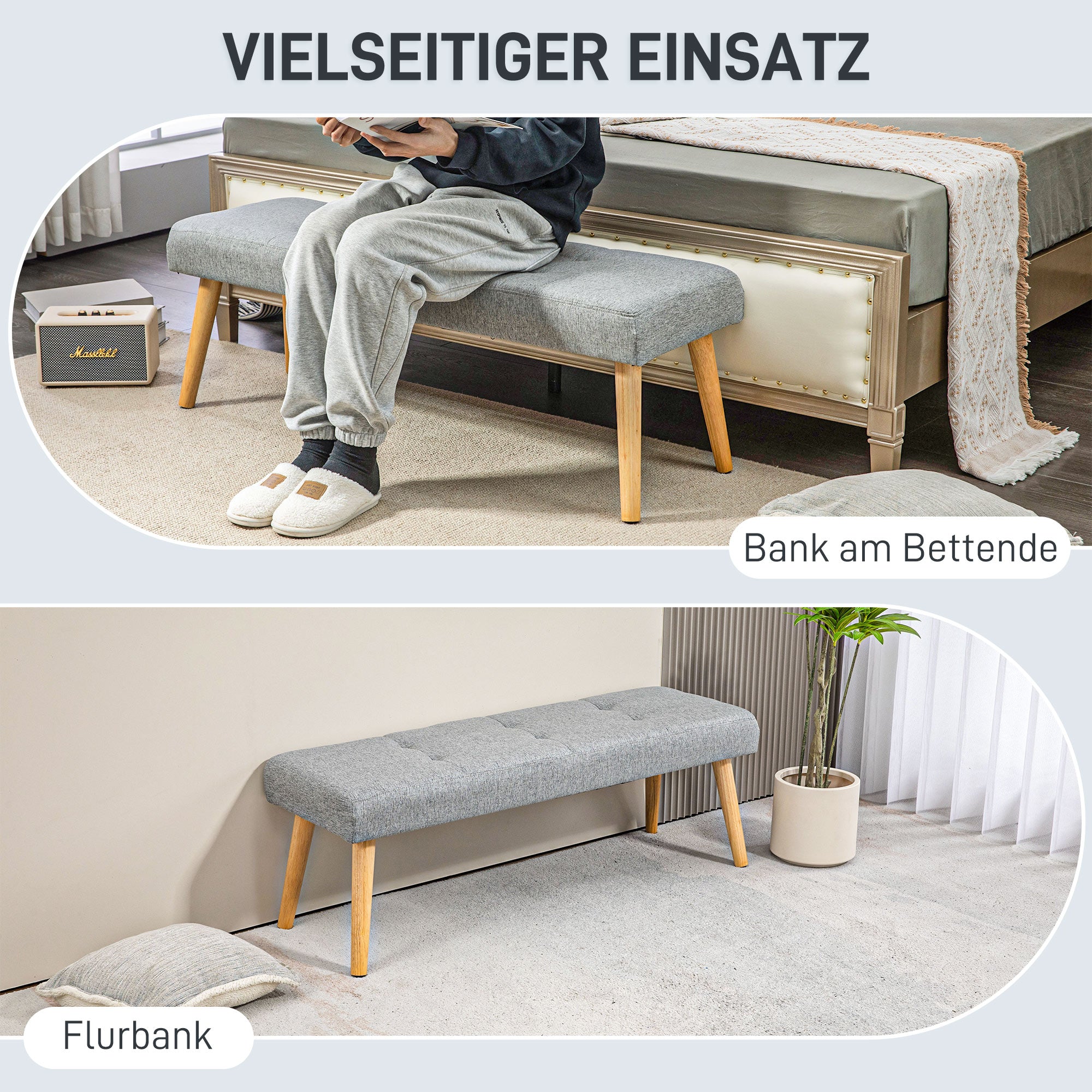 HOMCOM Polsterbank, Leinenoptik, Massivholzbeine, bis 120 kg, 120x41x43 cm, Grau