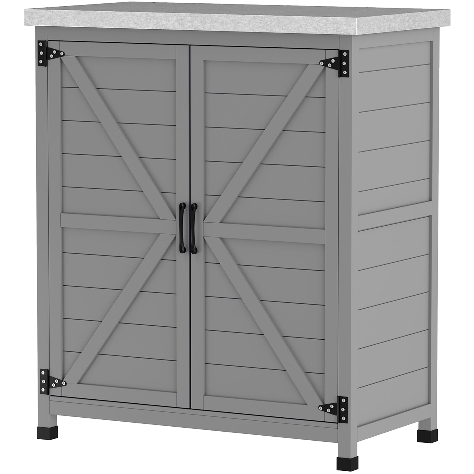 Outsunny Gartenschrank, Außenschrank mit Arbeitsfläche, Werkzeugschrank, Massivholz, Stahl, 79B x 43T x 92H cm, Grau