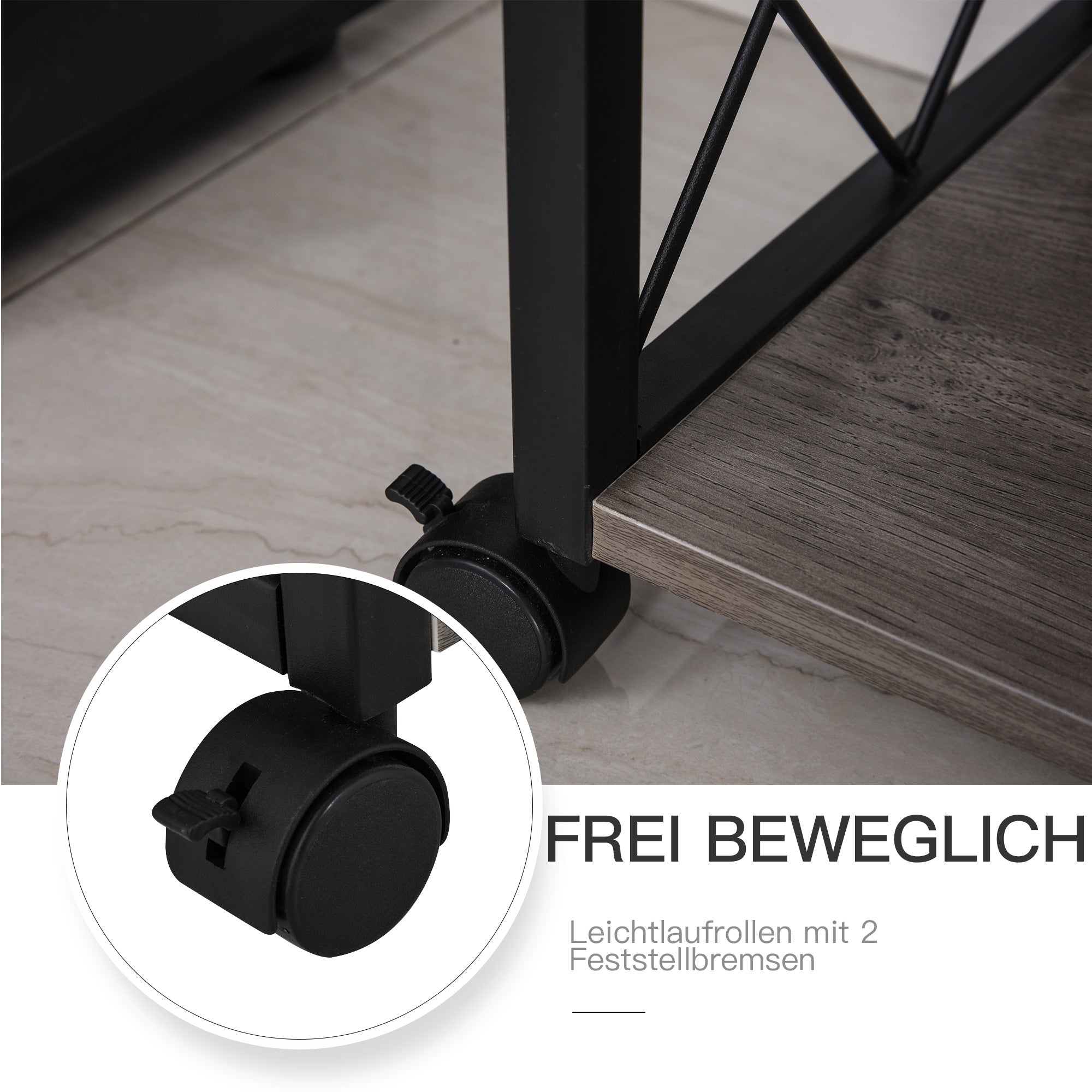 HOMCOM Beistelltisch Servierwagen mit Rädern Küchenwagen Kaffeetisch mit Schublade Ablage Sideboard beweglich Grau Spanplatte 60 x 30 x 65 cm