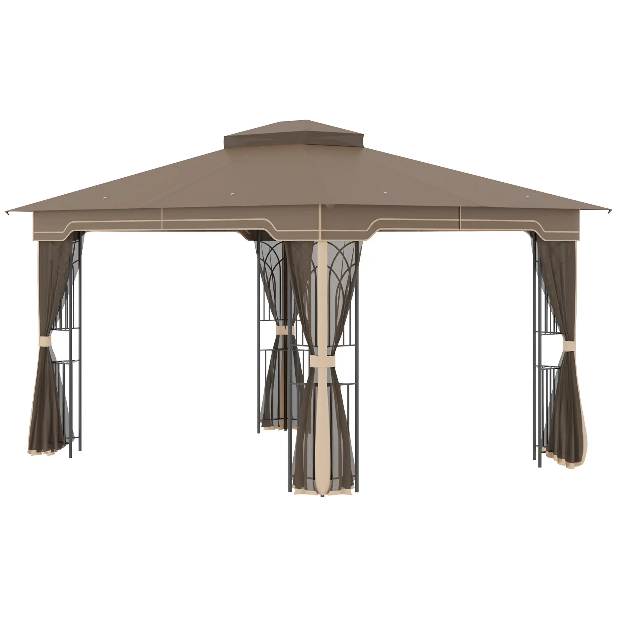 Outsunny Gartenpavillon 3,65?×?3?m mit Doppeldach & Moskitonetz – Braun/Beige