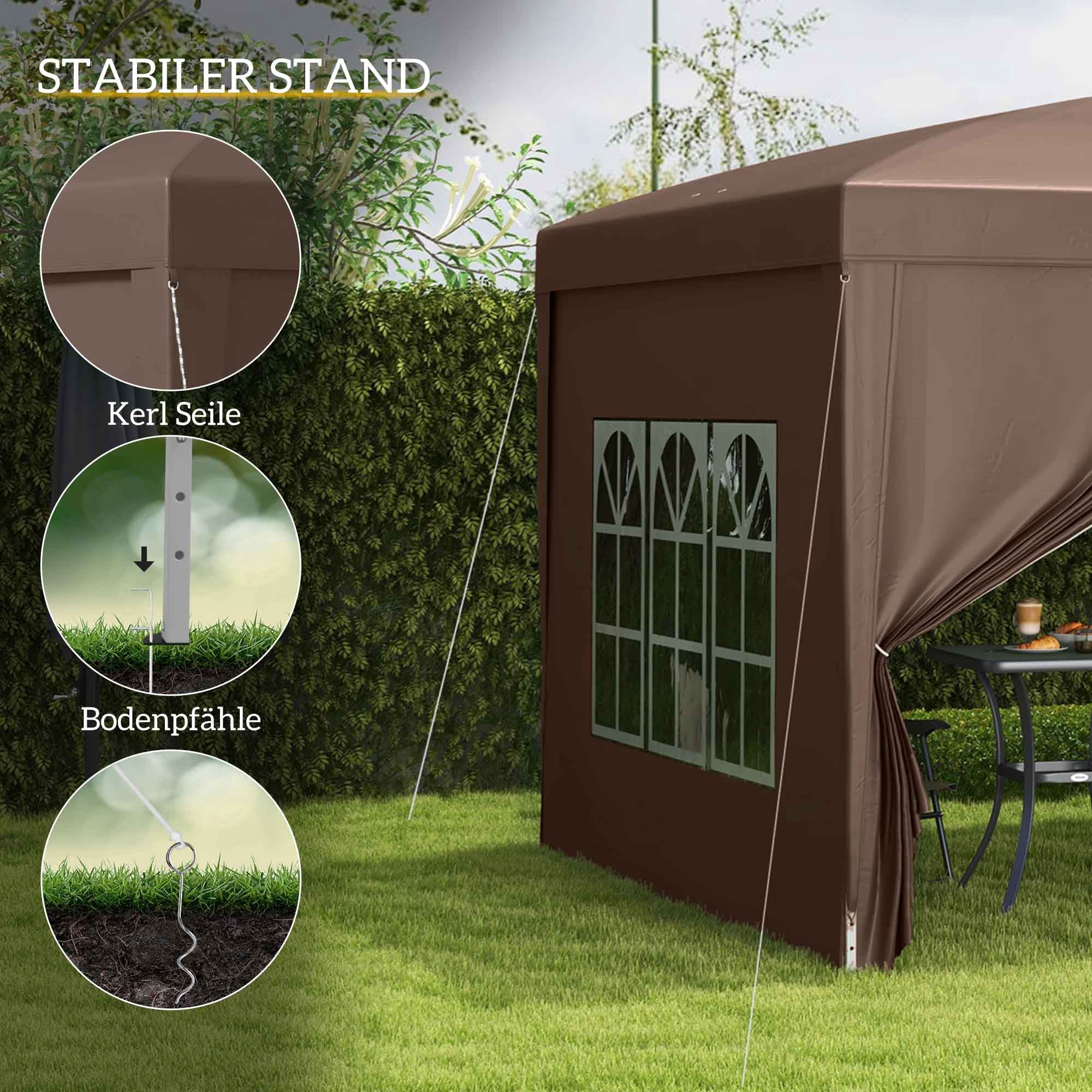 Outsunny 3 x 3 m Pavillon mit 4 Seitenwänden, Fenster, Festzelt mit UV-Schutz, Gartenzelt inkl. Tragetasche, Stahl, Kaffee
