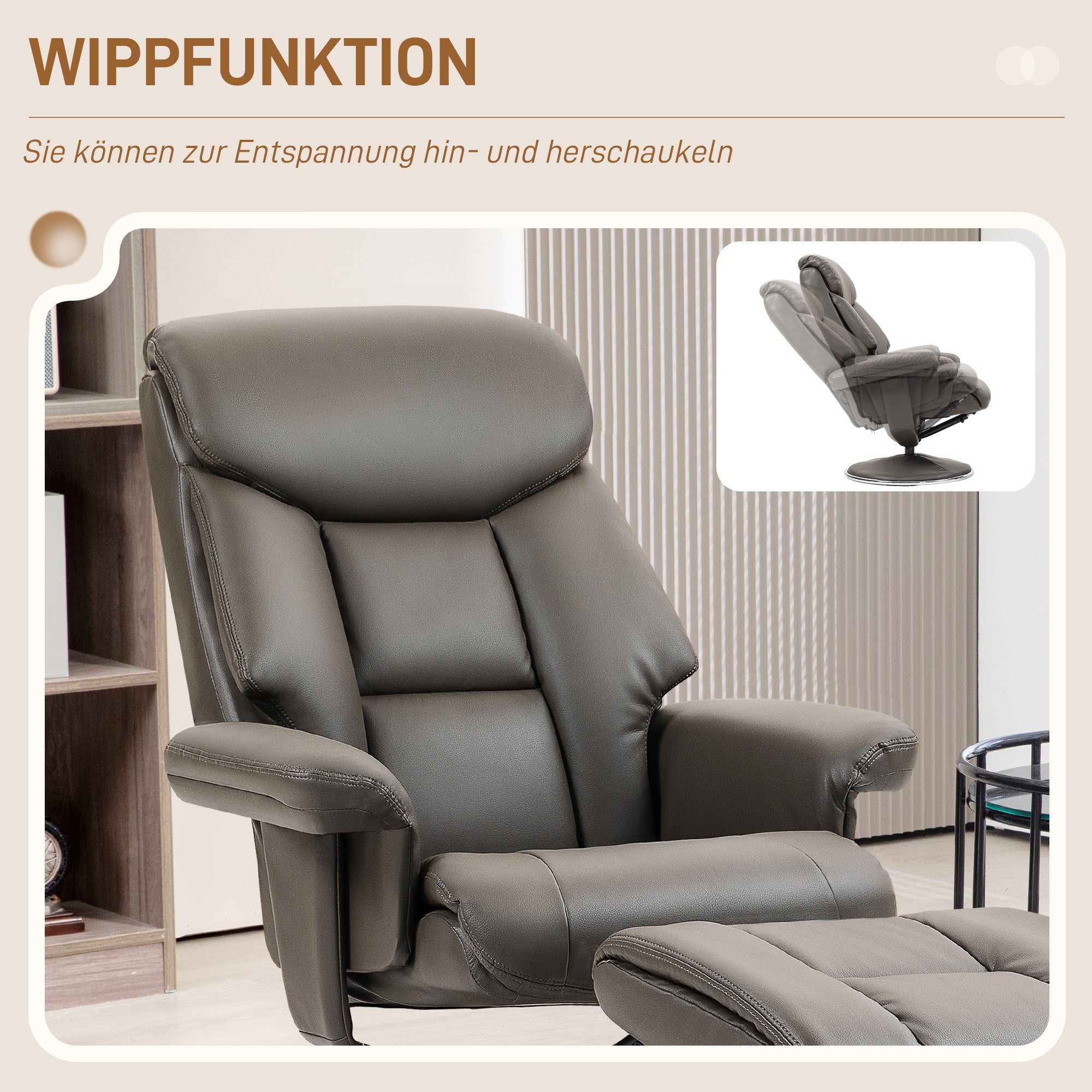 HOMCOM Relaxsessel mit Hocker, Rückenlehne verstellbar, Kunstleder, bis 150 kg, Grau