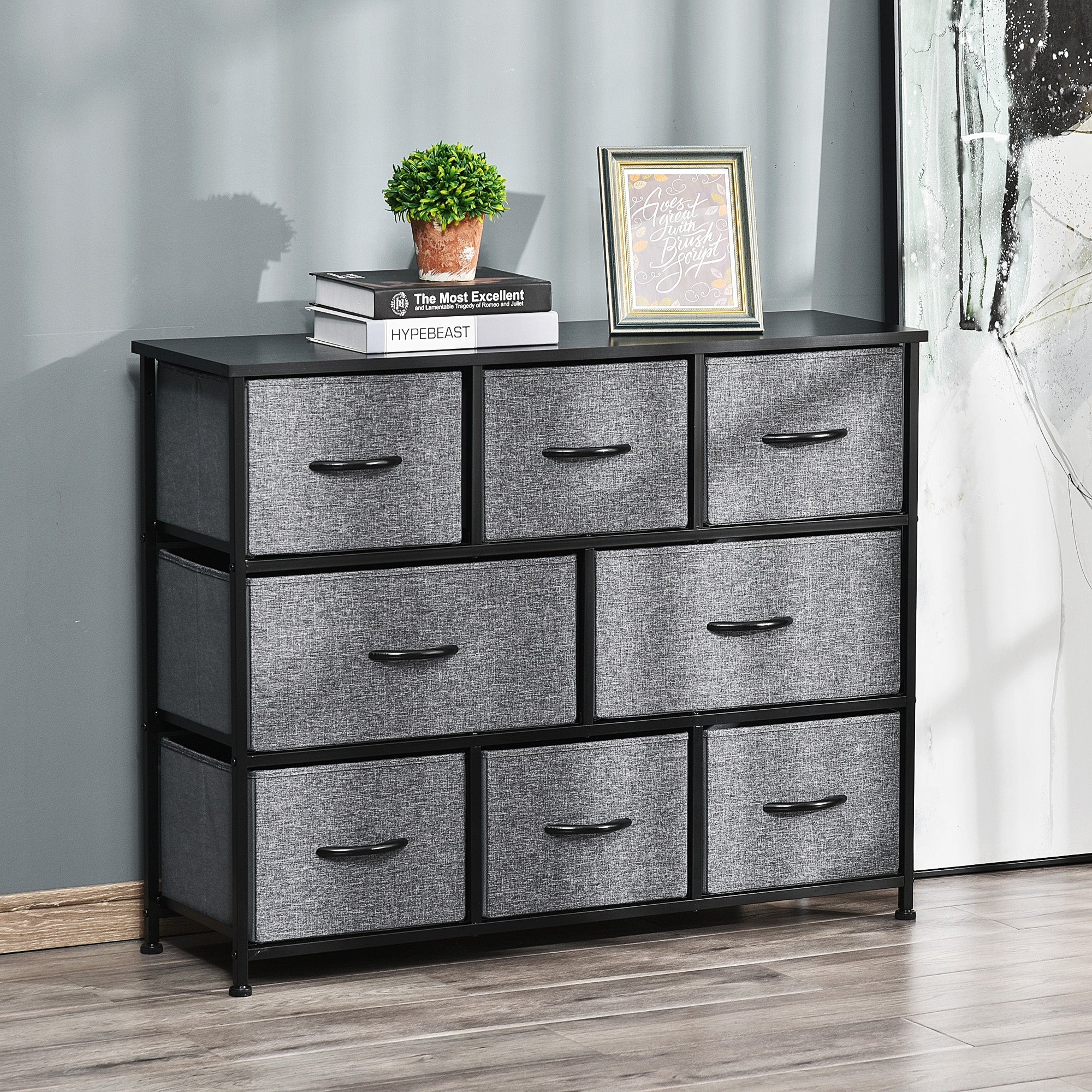 HOMCOM Kommode mit 8 Stoffschubladen, 2 große, 6 kleine, Metallrahmen, Kippschutz, Grau