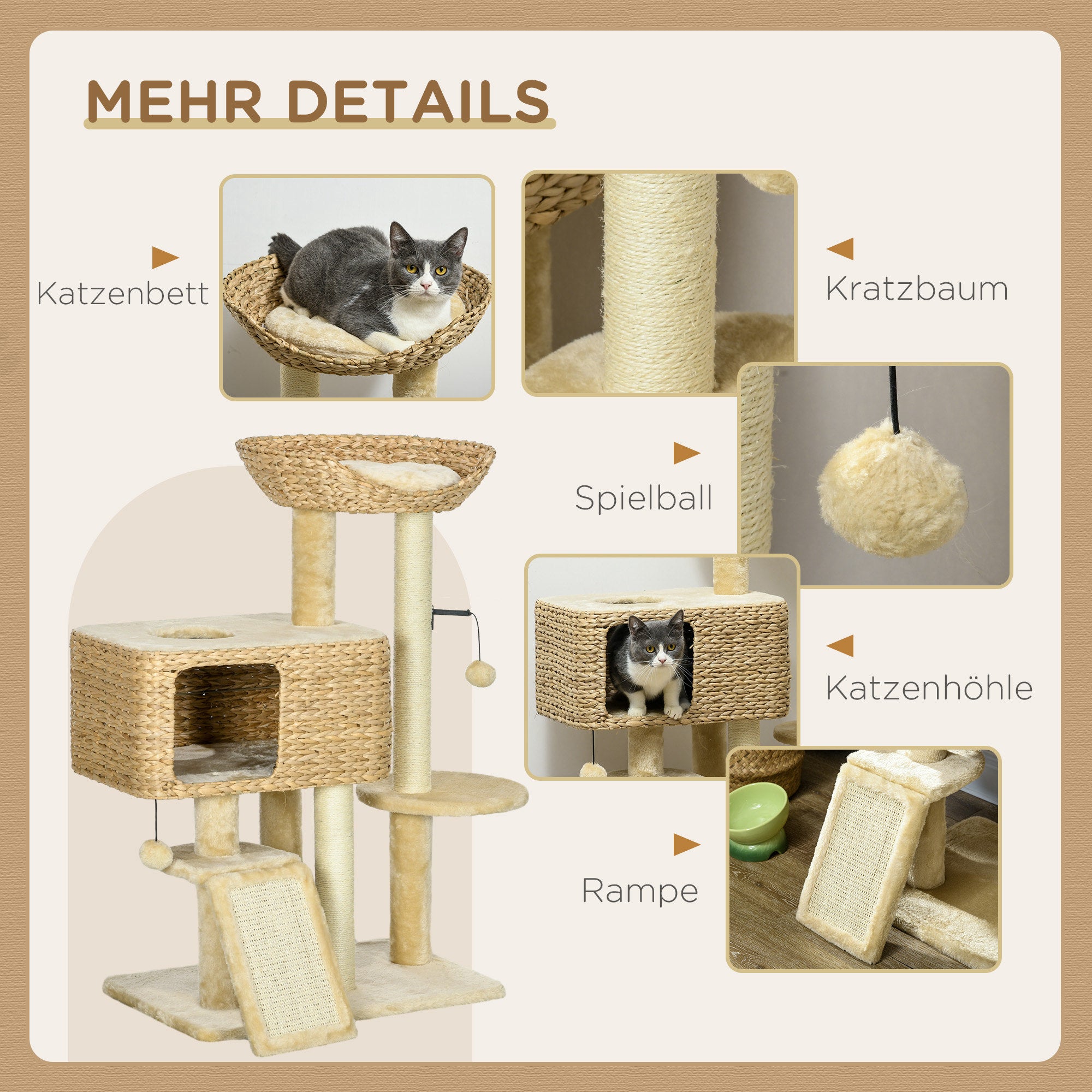 PawHut Kratzbaum Katzenbaum, 1 Katzenhöhle, 1 Katzbenbett, 1 Liegefläche, 1 Rampe, 60 cm x 40 cm x 98 cm, Natur + Beige