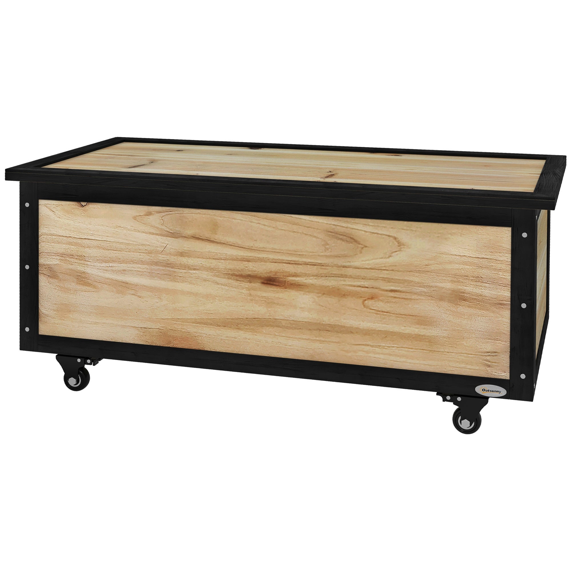 Outsunny Garten-Aufbewahrungsbox, 121 Liter, 2 Räder, wetterfest, Metallscharniere, Naturholz, 100x50x43 cm
