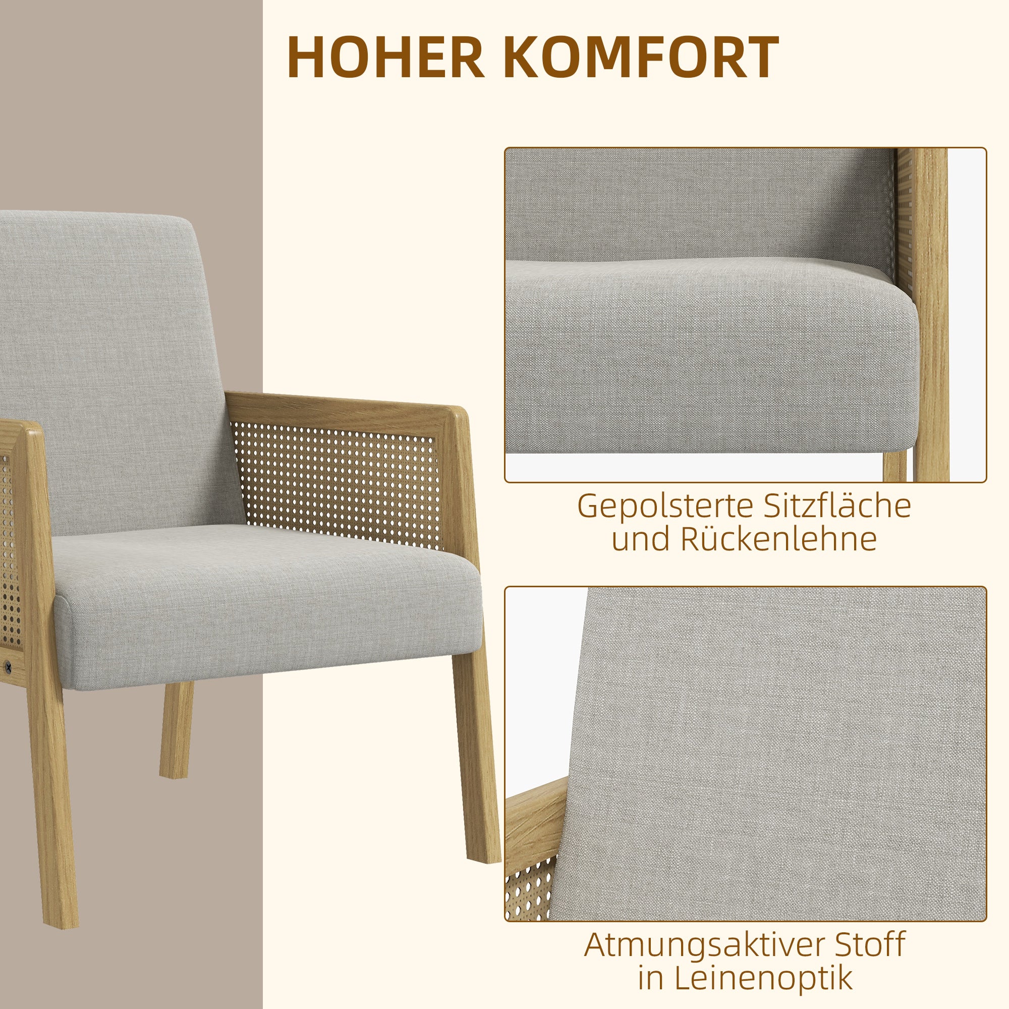 HOMCOM Akzentsessel, Armlehnen in Rattanoptik, bis 120 kg, breiter Sitz, Naturholzrahmen, Boho-Design, grau, 65,5 x 72 x 78cm