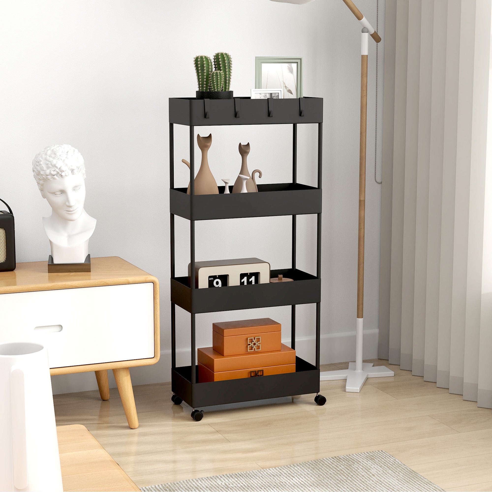 HOMCOM Küchenwagen mit 4 Regalen, 4 flexiblen Haken, 4 Rollen, 40 cm x 19 cm x 90 cm, Nischenwagen, Schwarz
