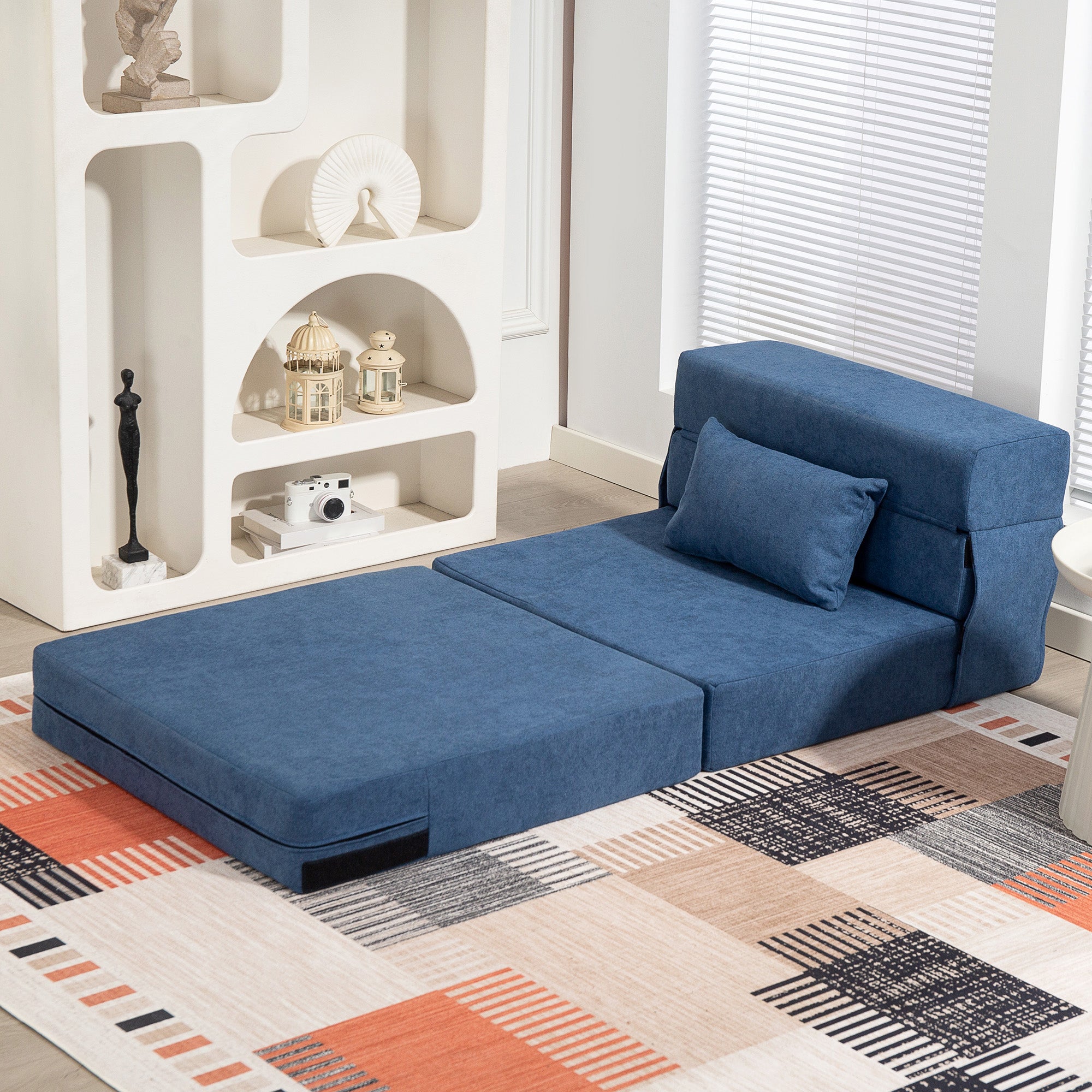 HOMCOM Bodensofa, Polstercouch, in Matratze umwandelbar, Schaumstoff, Kissen, Dunkelblau