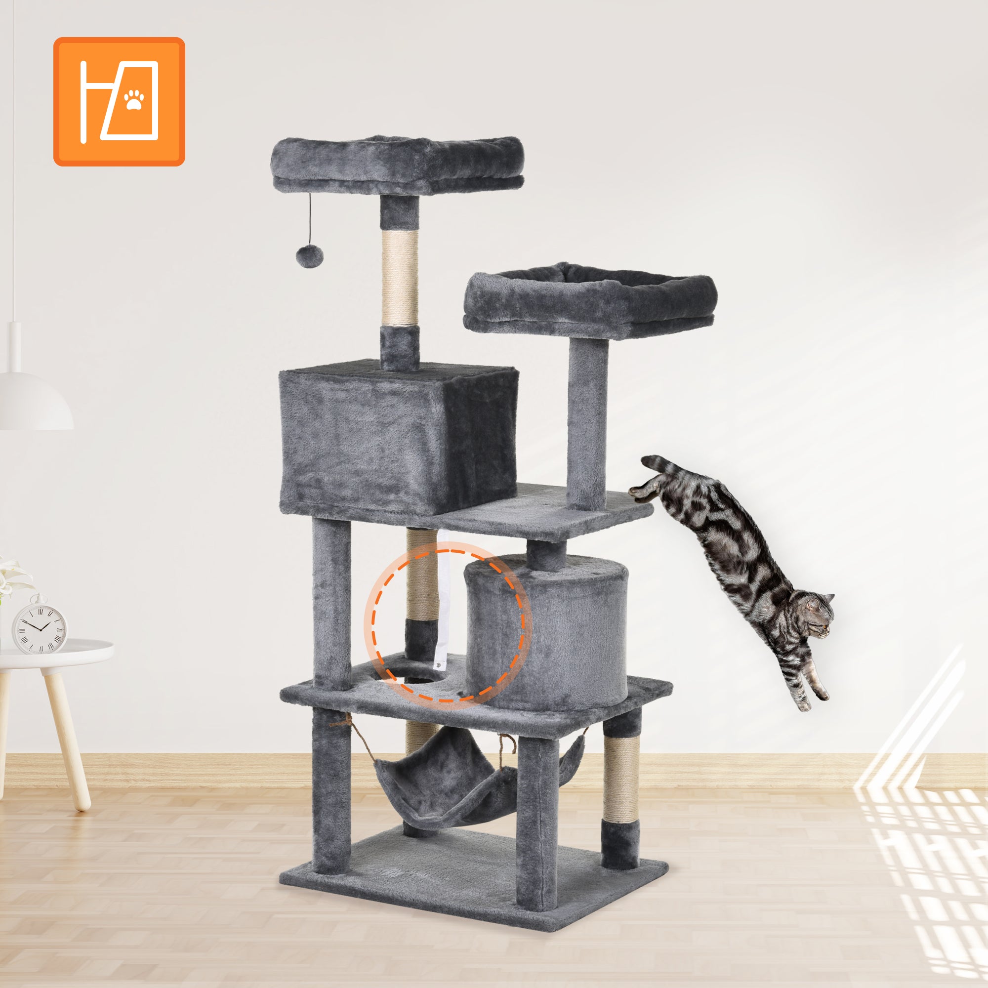 PawHut Katzen Kratzbaum groß 145 cm, Katzenbaum mit Hängematte, Kletterbaum für Katzen, Katzenkratzbaum Höhle Katzenmöbel mit Sisalstämmen, Hellgrau