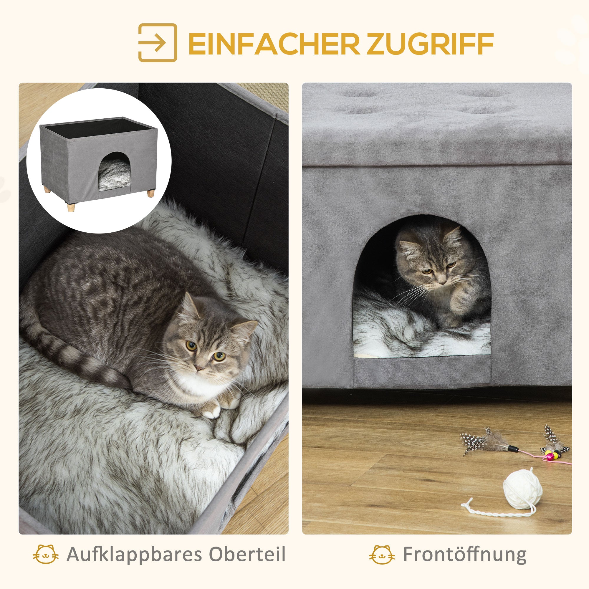 PawHut 2-IN-1 Katzenhöhle Fußhocker mit Kissen Holzbeine Katzenhaus Katzenkorb weich gepolstert Ottomane elegantes Design abnehmbar MDF Plüsch Grau 60 x 45 x 44,5 cm