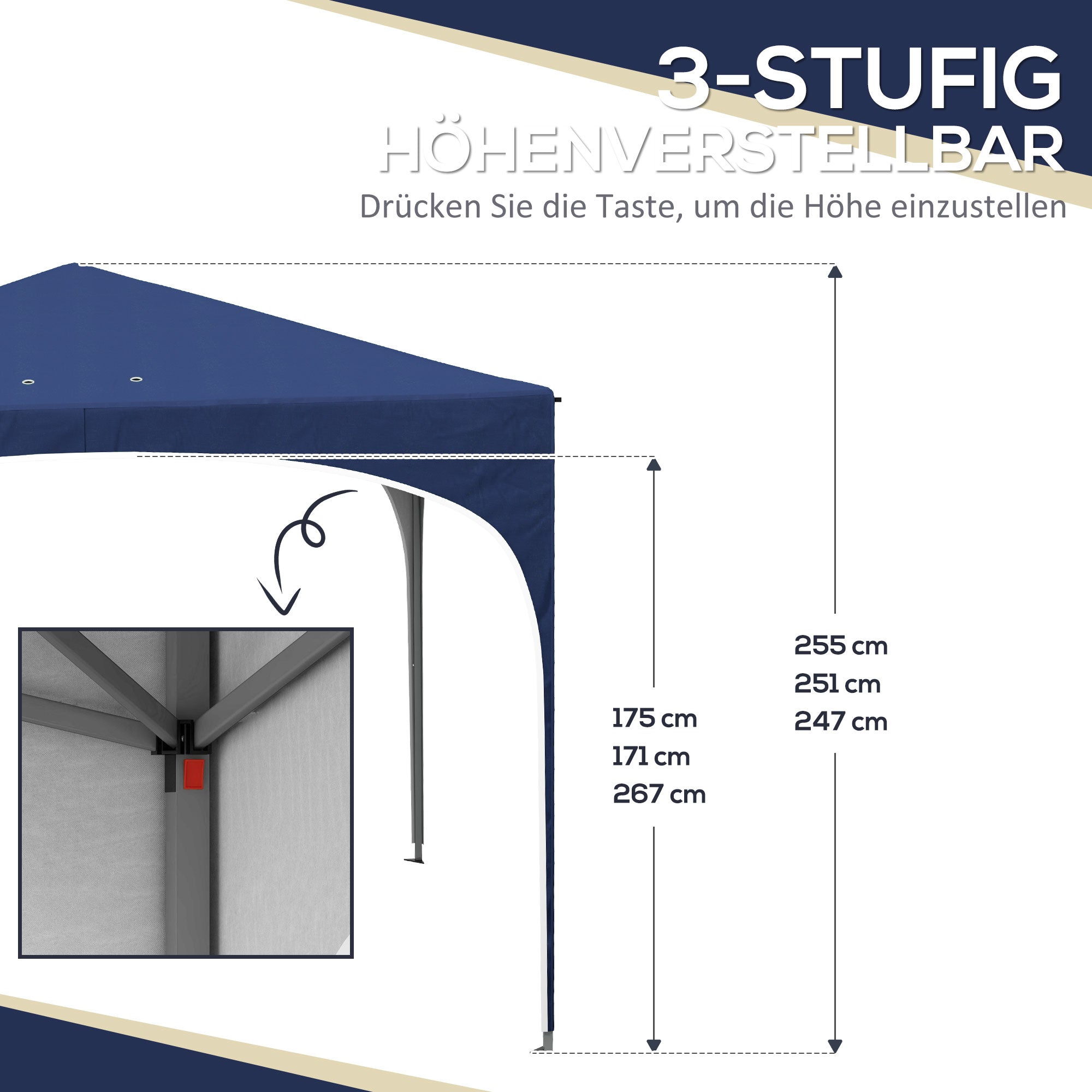 Outsunny Faltpavillon, höhenverstellbar, Metallstützen, robuste Plane, inkl. Tragetasche, 2,95 x 2,95 x 2,55m, Dunkelblau