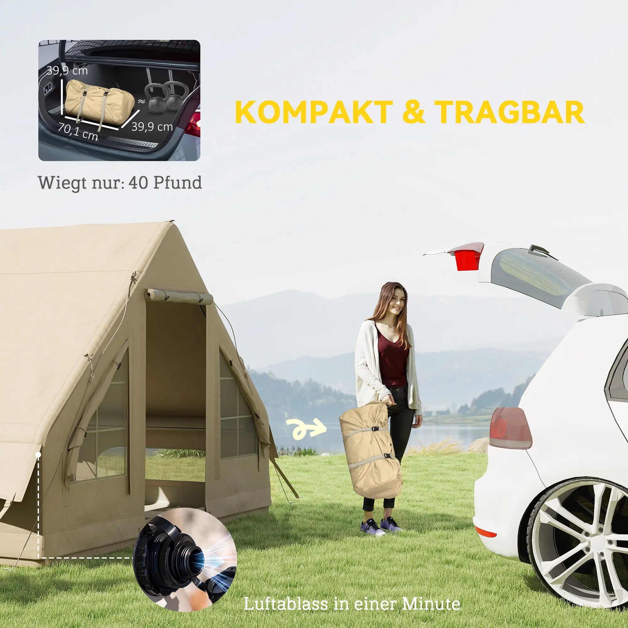 Outsunny Aufblasbares Campingzelt, 3 Personen, mit Luftpumpe & Tasche