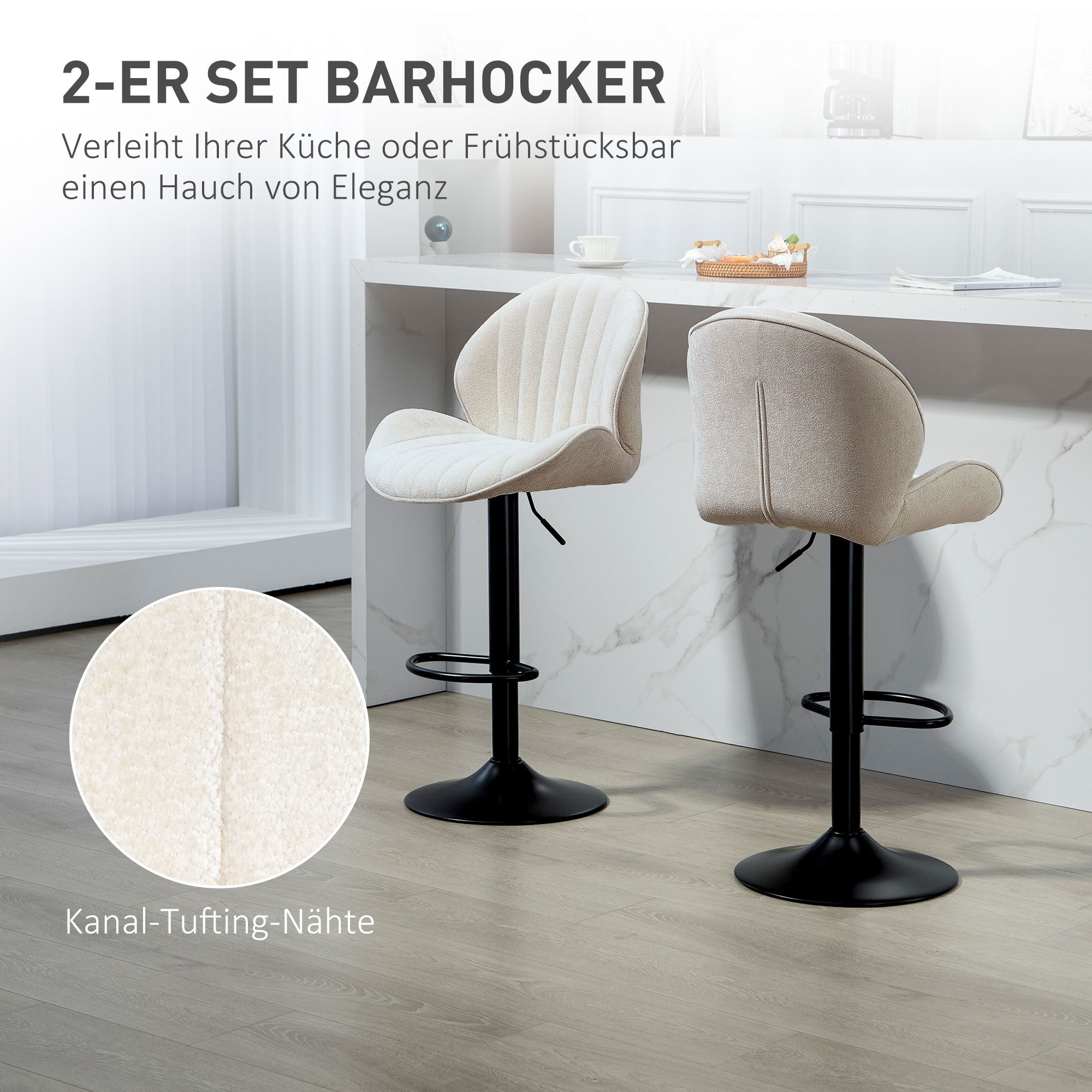 HOMCOM 2er-Set Barhocker, Stoffbezug, verstellbare Sitzhöhe, drehbar, Stahlrahmen, Beige