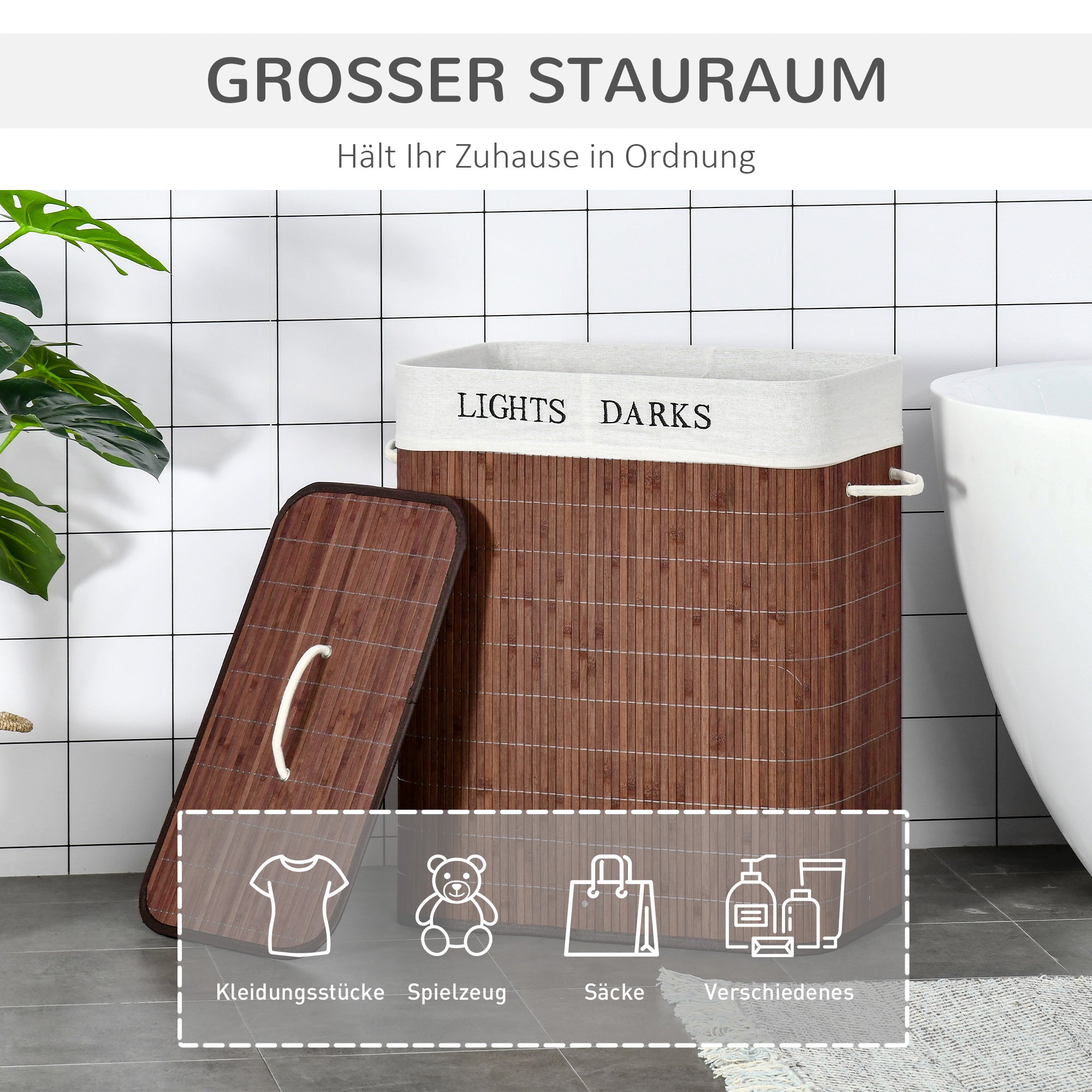HOMCOM Bambus Wäschekorb schmal mit Deckel 100L Wäschesammler mit Griffen, 2 herausnehmbarer Wäschesack, Laundry Baskets Wäschebox für Waschküche, Schlafzimmer, Badezimmer Braun