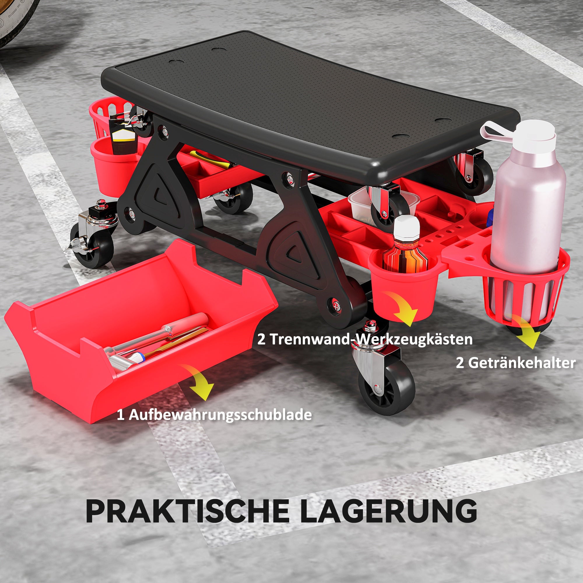 HOMCOM Werkstatthocker mit Rollen abnehmbar Sitz, Ablagefläche, 33cm hoch Rollhocker bis 135 kg belastbar Rot