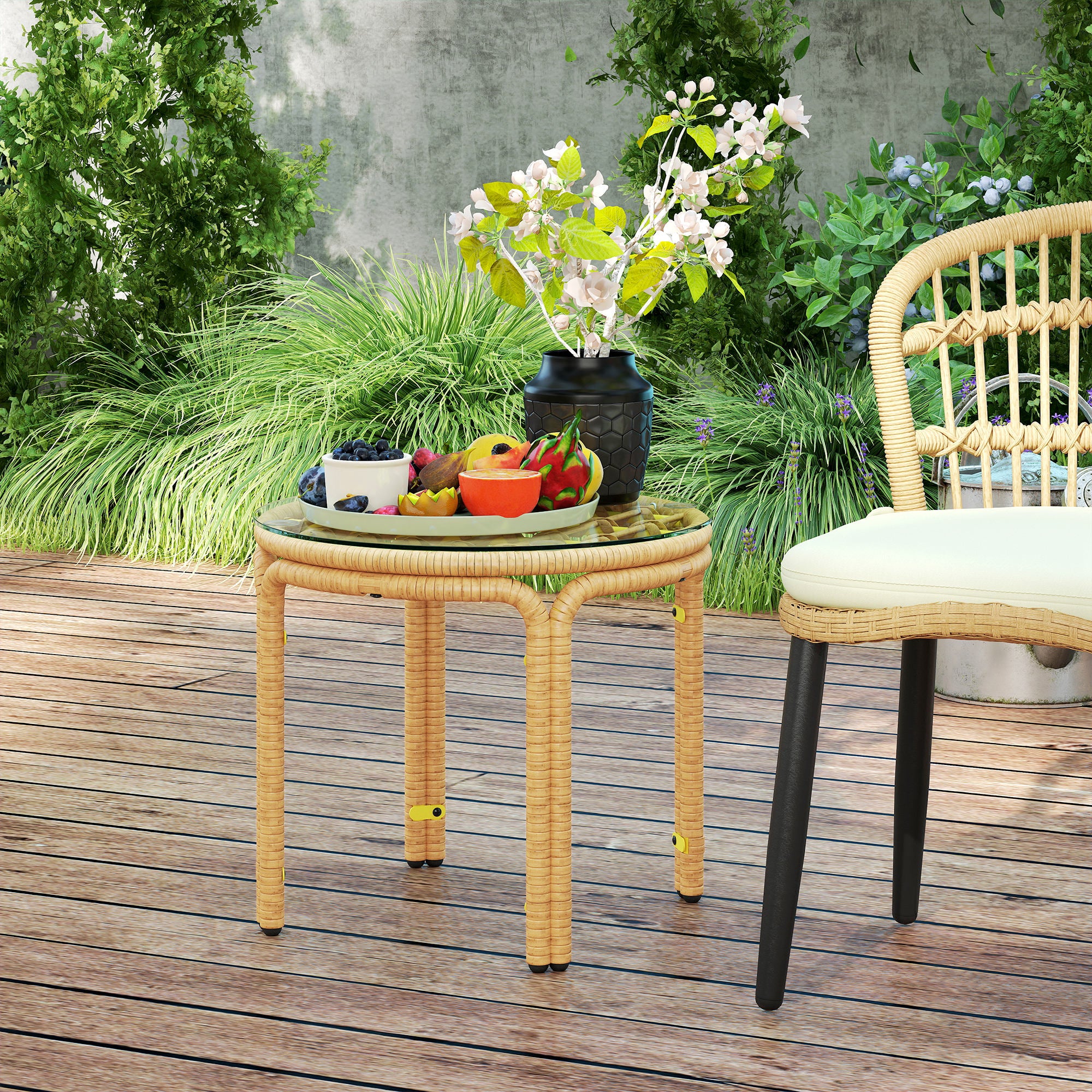 Outsunny Beistelltisch aus Polyrattan runder Couchtisch mit Glas Tischplatte Nachttisch Ø50 cm Gelb