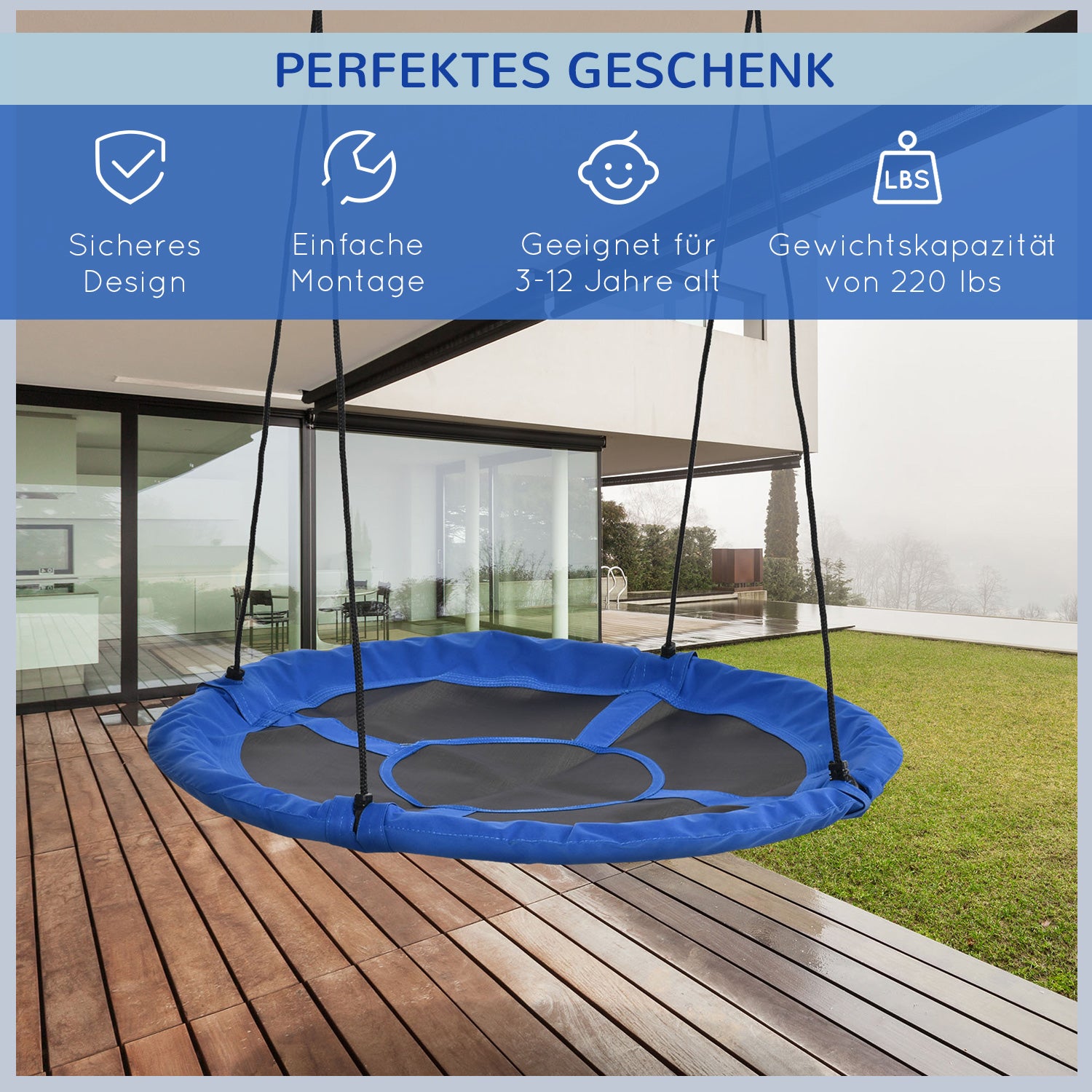 Outsunny Nestschaukel, wetterfest, bis 100 kg, längenverstellbare Seile, Φ110 cm, Blau