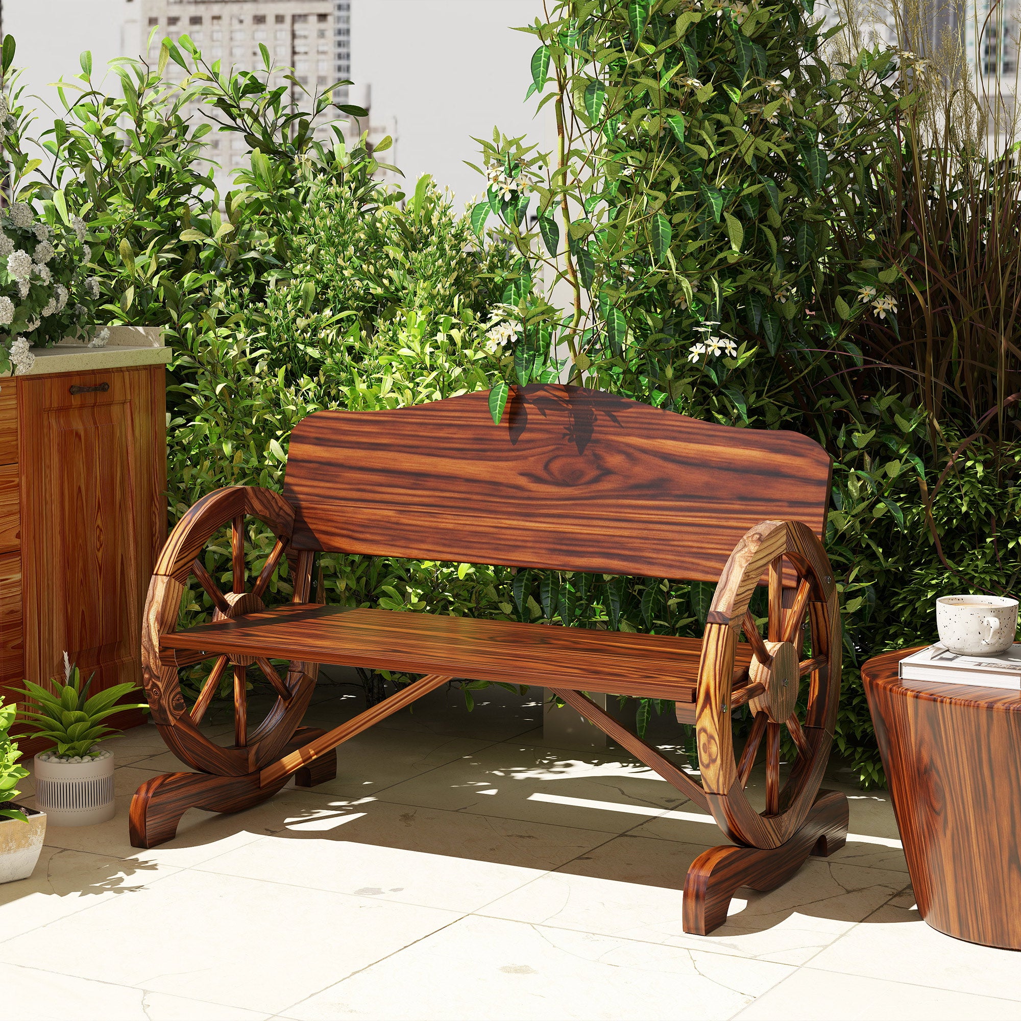 Outsunny 2-Sitzer Gartenbank mit Rad-Armlehnen, Rustikale Outdoor-Bank für Terrasse, Veranda, Fichtenholz, Braun