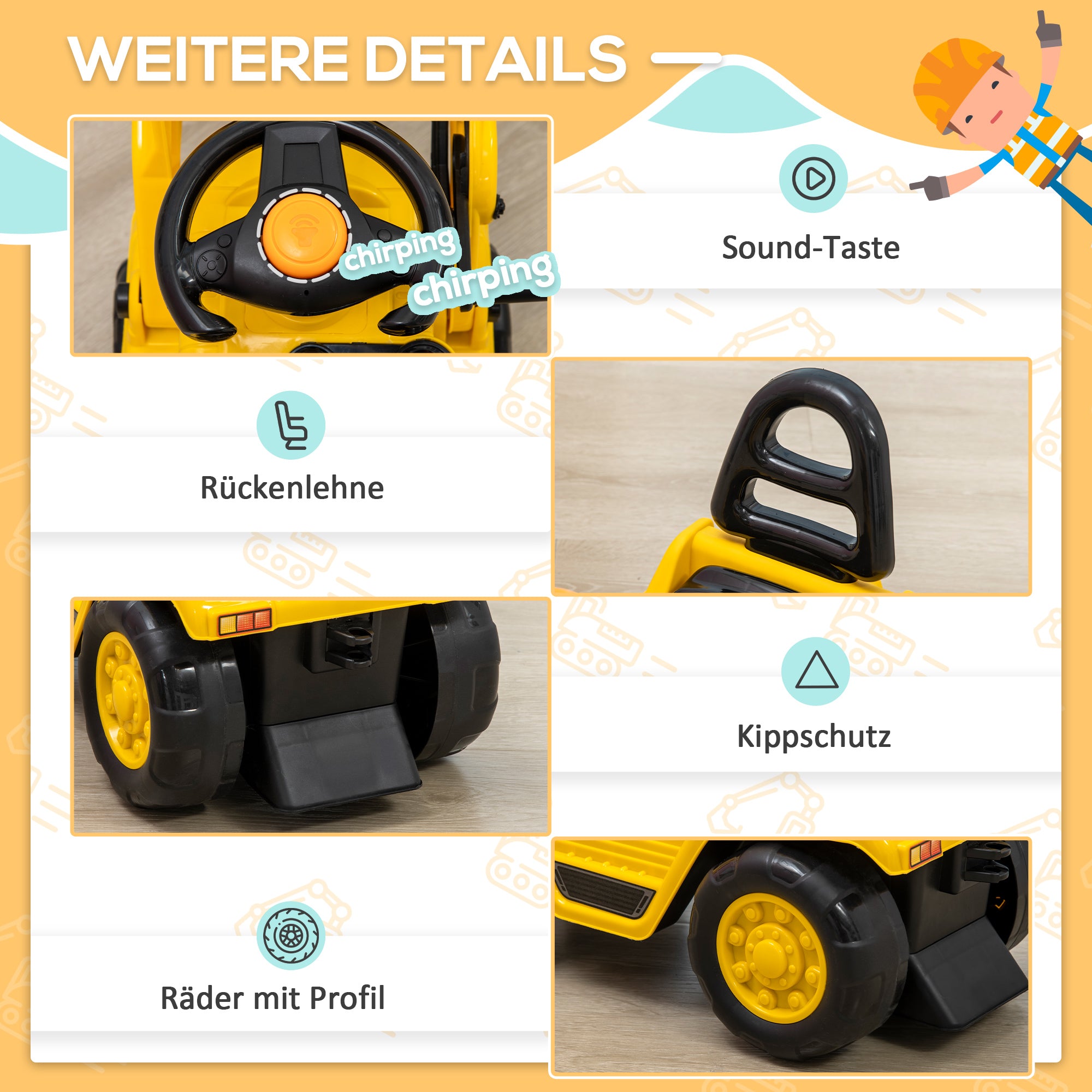 HOMCOM Aufsitzbagger, mit Kralle, Hupe, Sound-Effekten, Stauraum, Kippschutz, für Kinder 2-4 Jahre