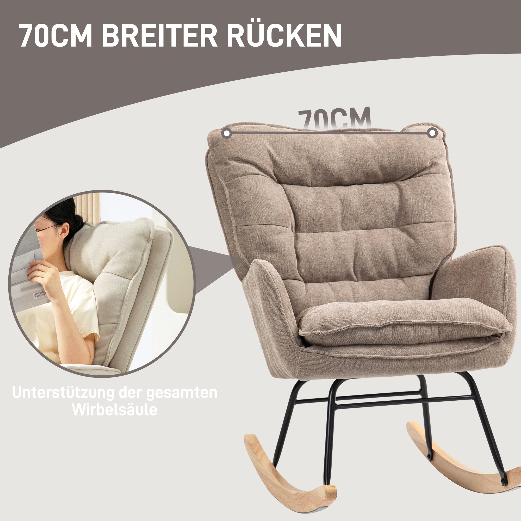 HOMCOM Schaukelstuhl, breiter Sitz, hohe Rückenlehne, Buchenholzrahmen, bis 120 kg, Braun