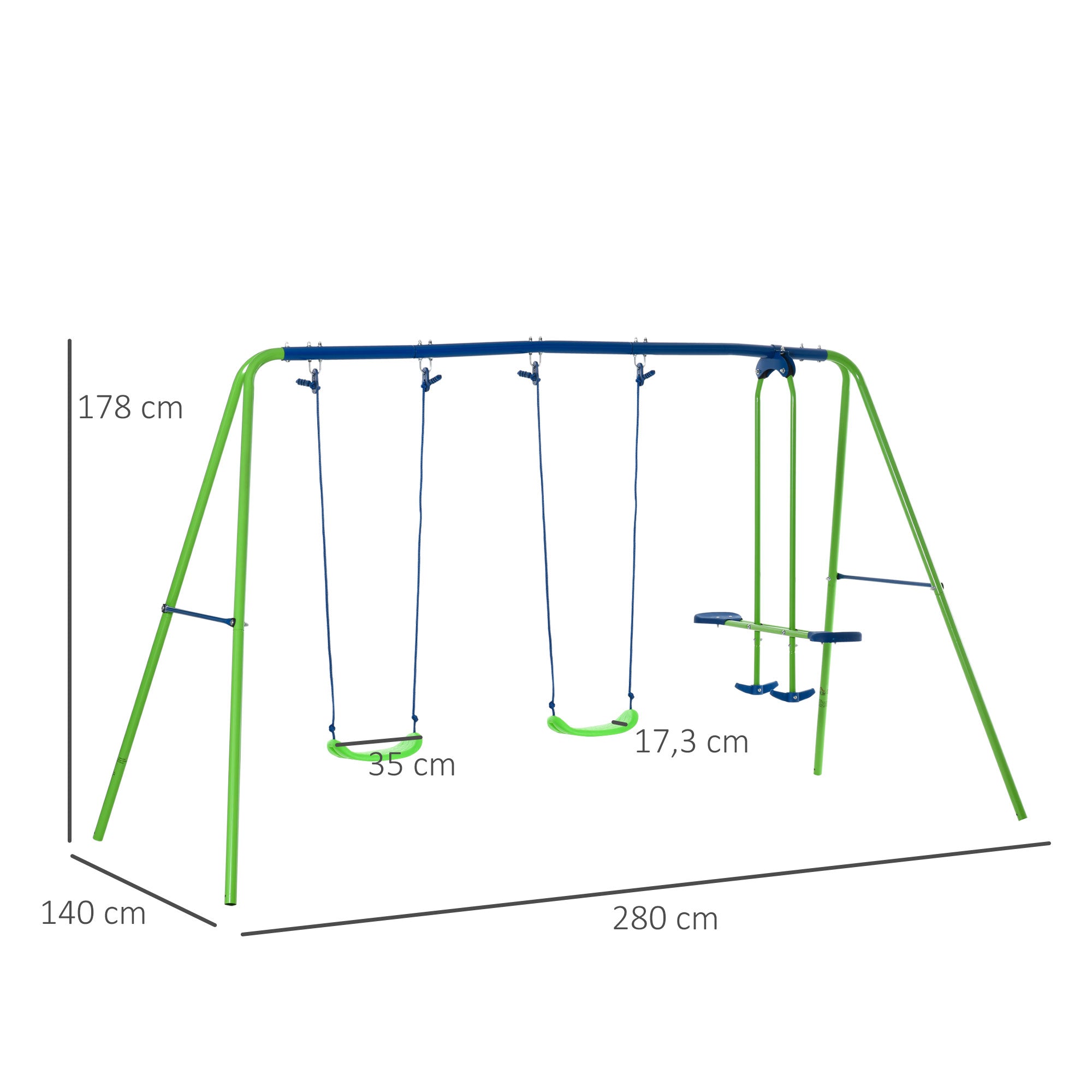 Outsunny Schaukelgestell, Outdoor-Schaukelgerüst mit 2 Schaukeln, Wippe, Kinderschaukel mit Metallgestell, Grün