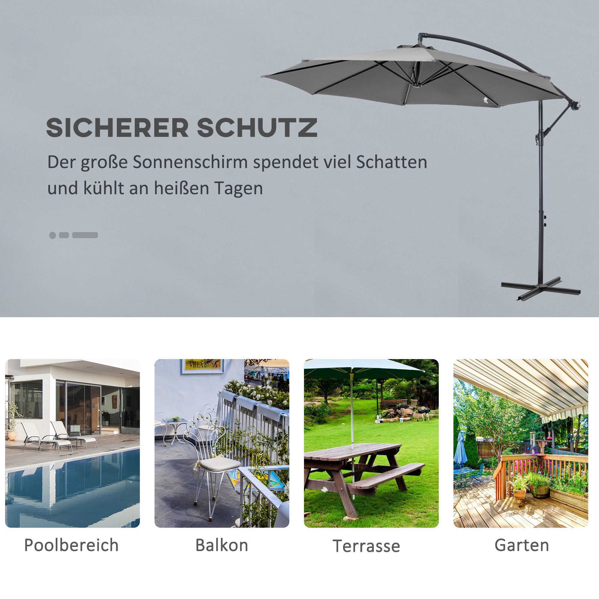 Outsunny Sonnenschirm mit Handkurbel Wetterbeständig  2,95 m x 2,95 m x 2,45 m Polyester Stahl Schwarz