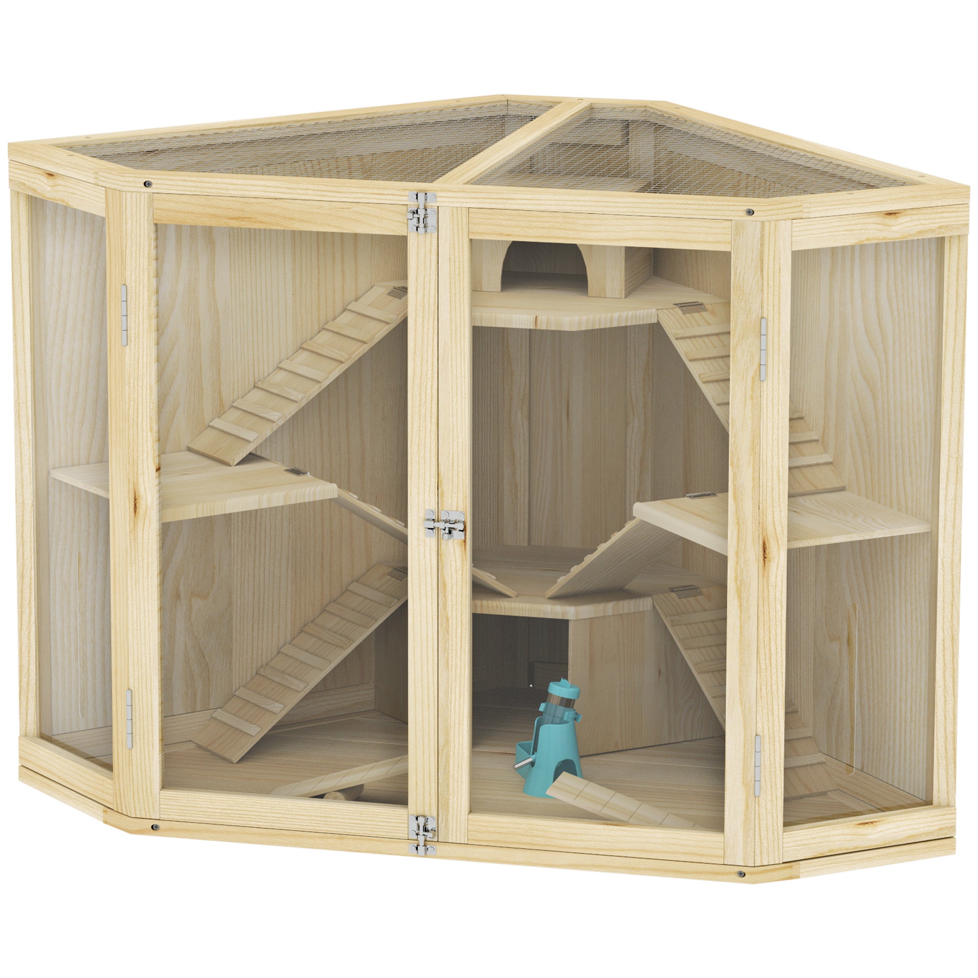 PawHut Hamsterkäfig Holz 4 Ebenen mit Zubehör und Sichtfenster