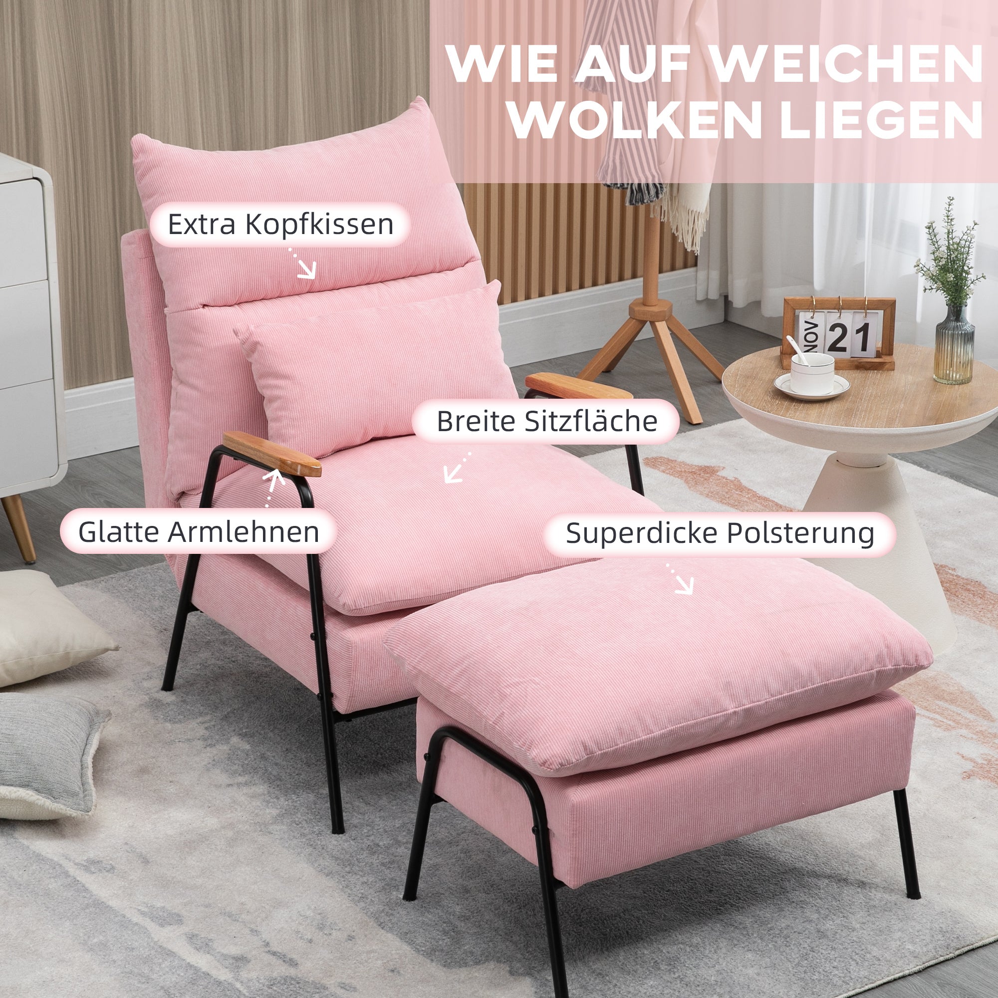 HOMCOM Sessel mit Ottomane, inkl. Kissen, 68 cm x 91,5 cm x 88 cm, Rosa