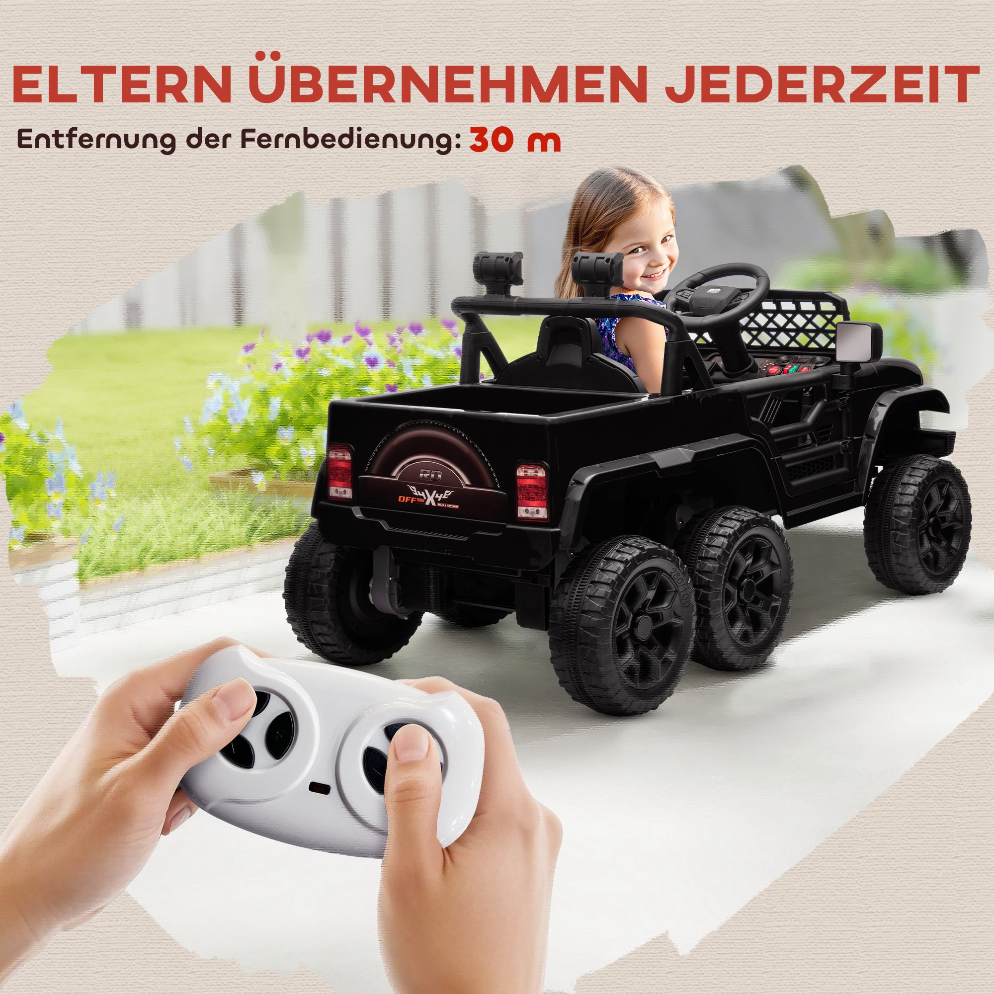 AIYAPLAY 12V Elektrisches Kinderauto, mit Anhänger, LED-Lichtern, Musik und Hupe, für Kinder im Alter von 3-8 Jahren, Schwarz