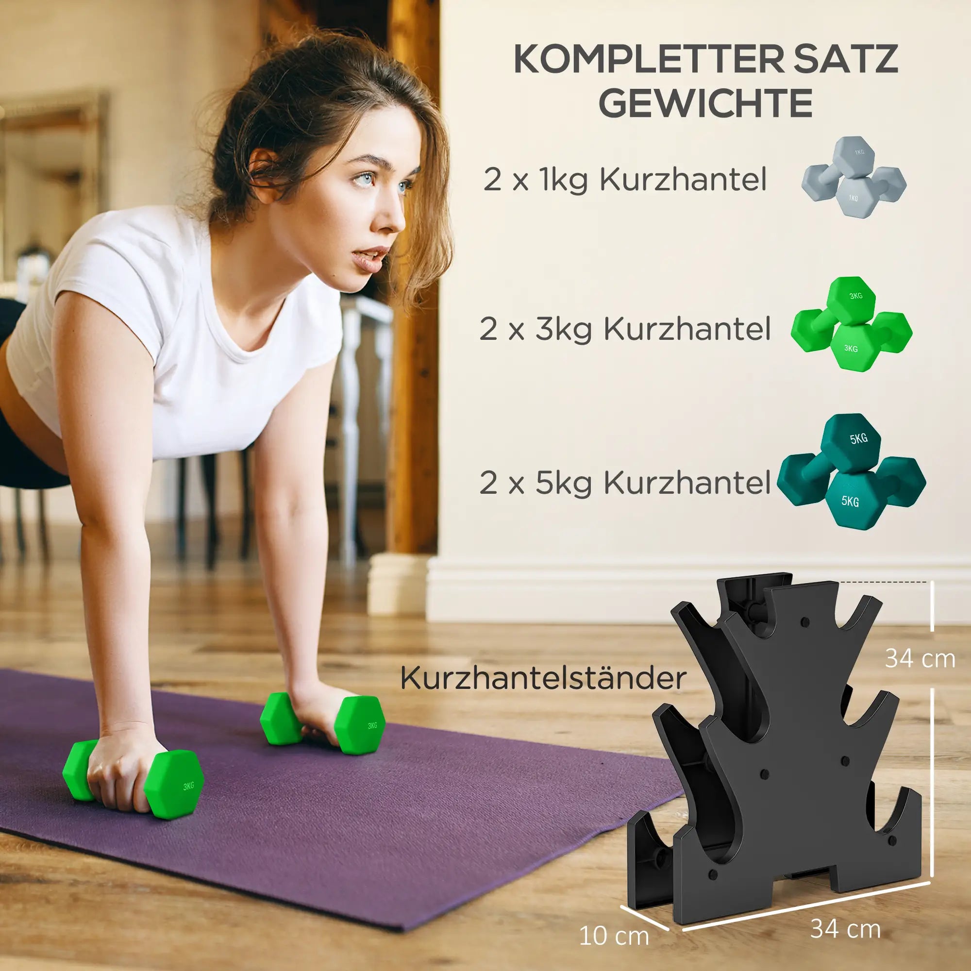 SPORTNOW Hantelset 6-teilig mit Hantelständer – 1?kg bis 5?kg