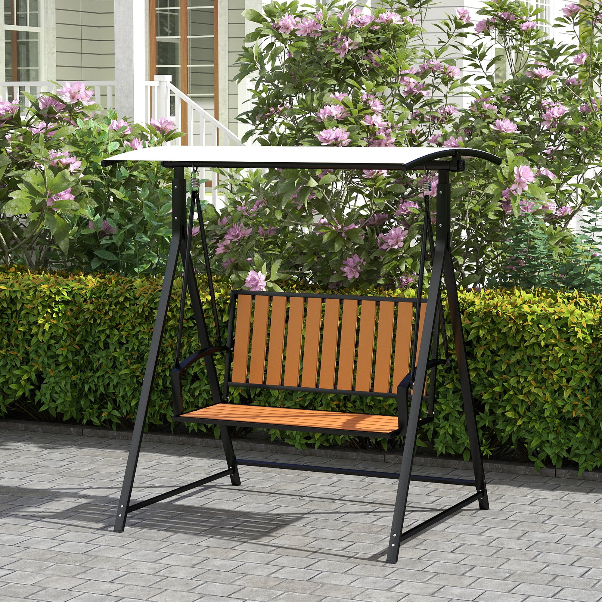 Outsunny Hollywoodschaukel mit verstellbarem Sonnendach, 2-Sitzer Gartenschaukel 142 x 112 x 162cm, Schwarz