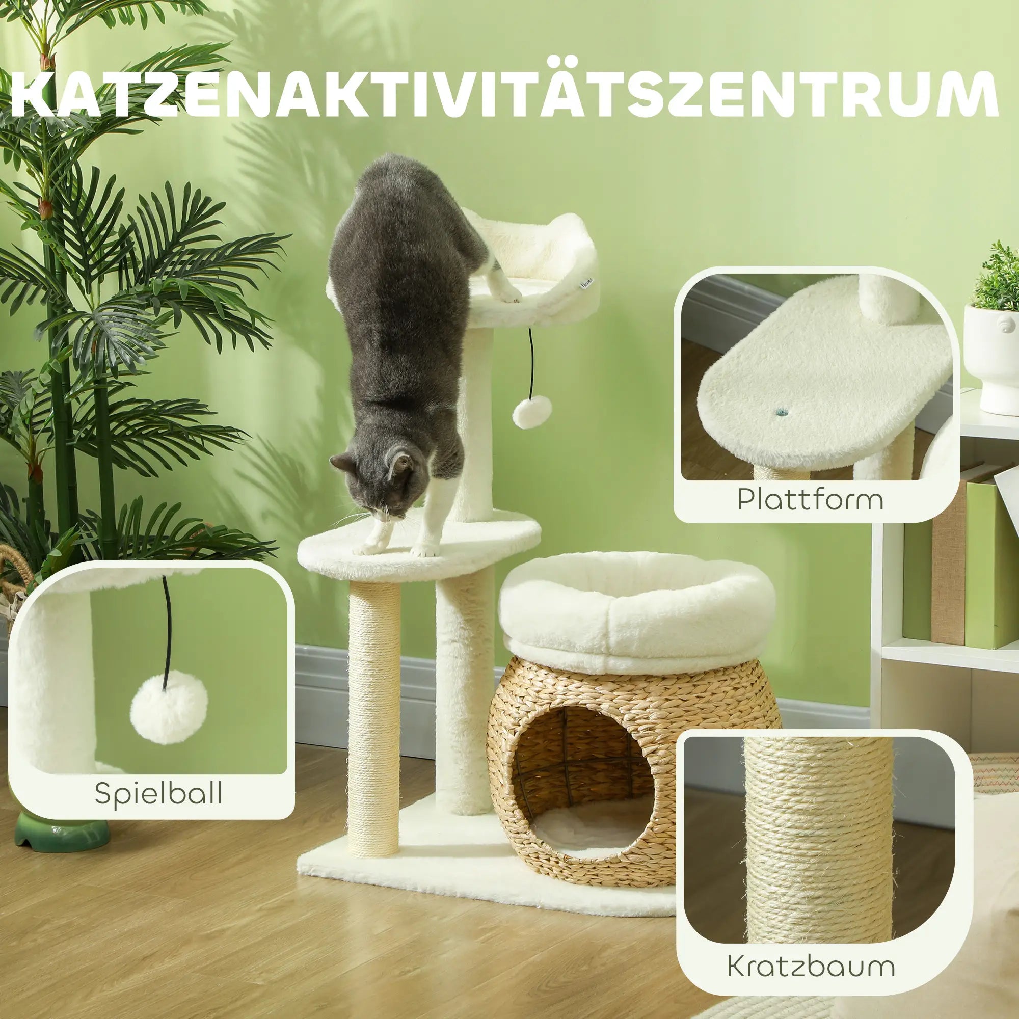 PawHut Kratzbaum mit Katzenhöhle, Spielball und Plattform, Schilfrohr/Sisal, bis 10 kg, 60 x 40 x 79 cm, Cremeweiß