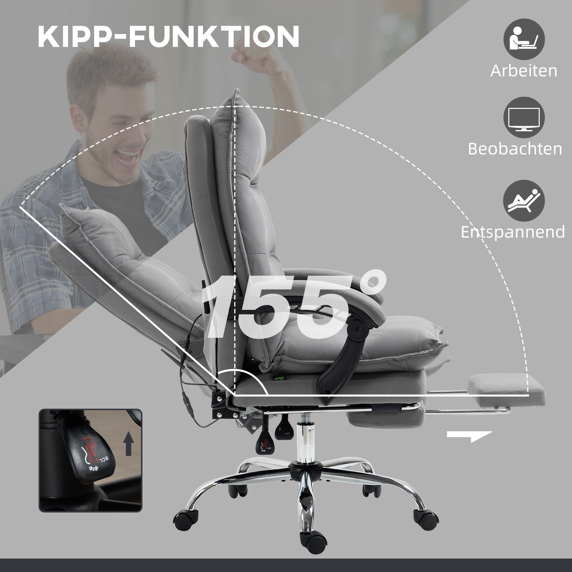 Vinsetto Bürostuhl mit Massagefunktion, Heizfunktion, Fernbedienung, ausfahrbare Fußstütze, neigbar, grau