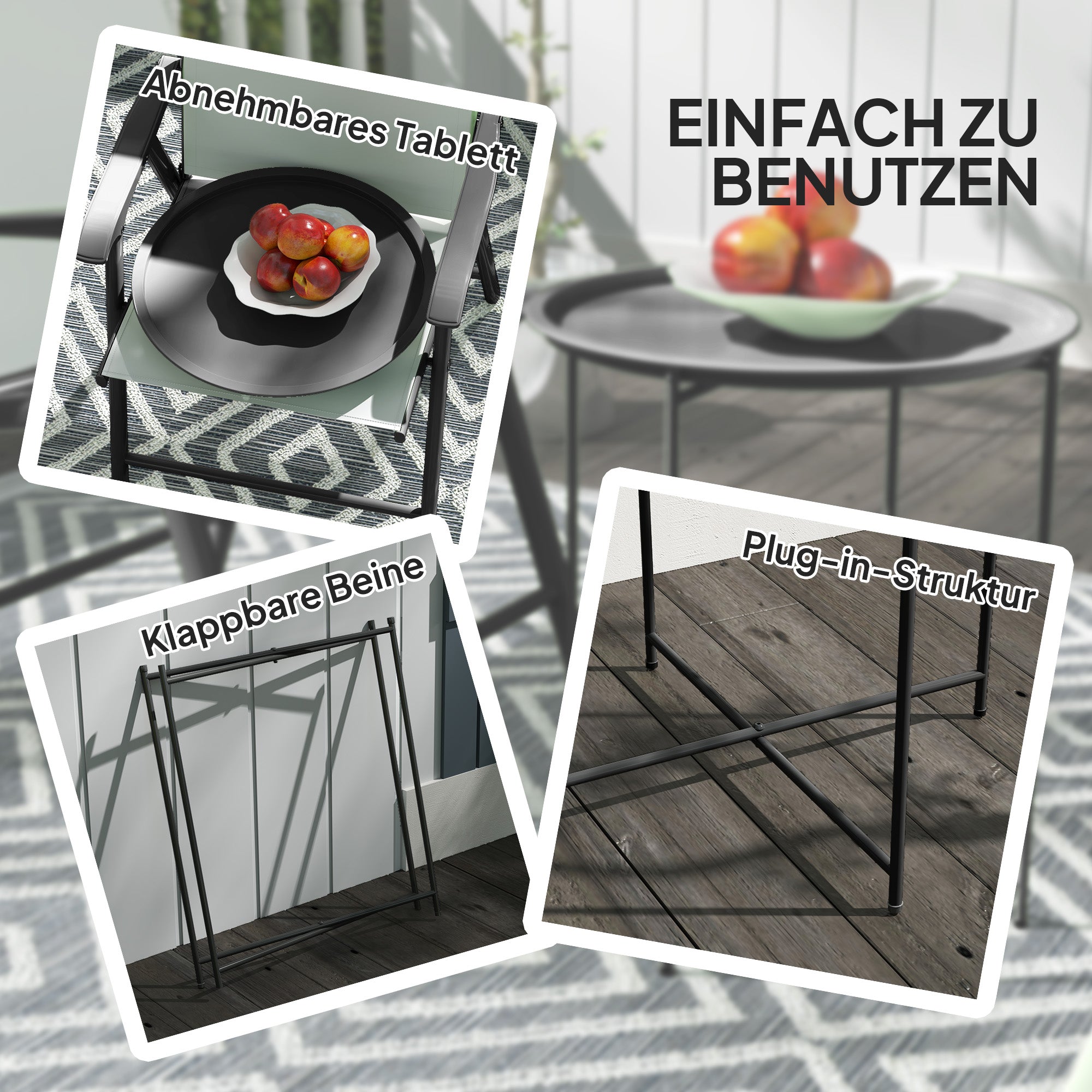 Outsunny Gartentisch, Runder Außen-Beistelltisch aus Stahl mit herausnehmbarem Tablett, faltbares Design, Terrassentisch, Schwarz
