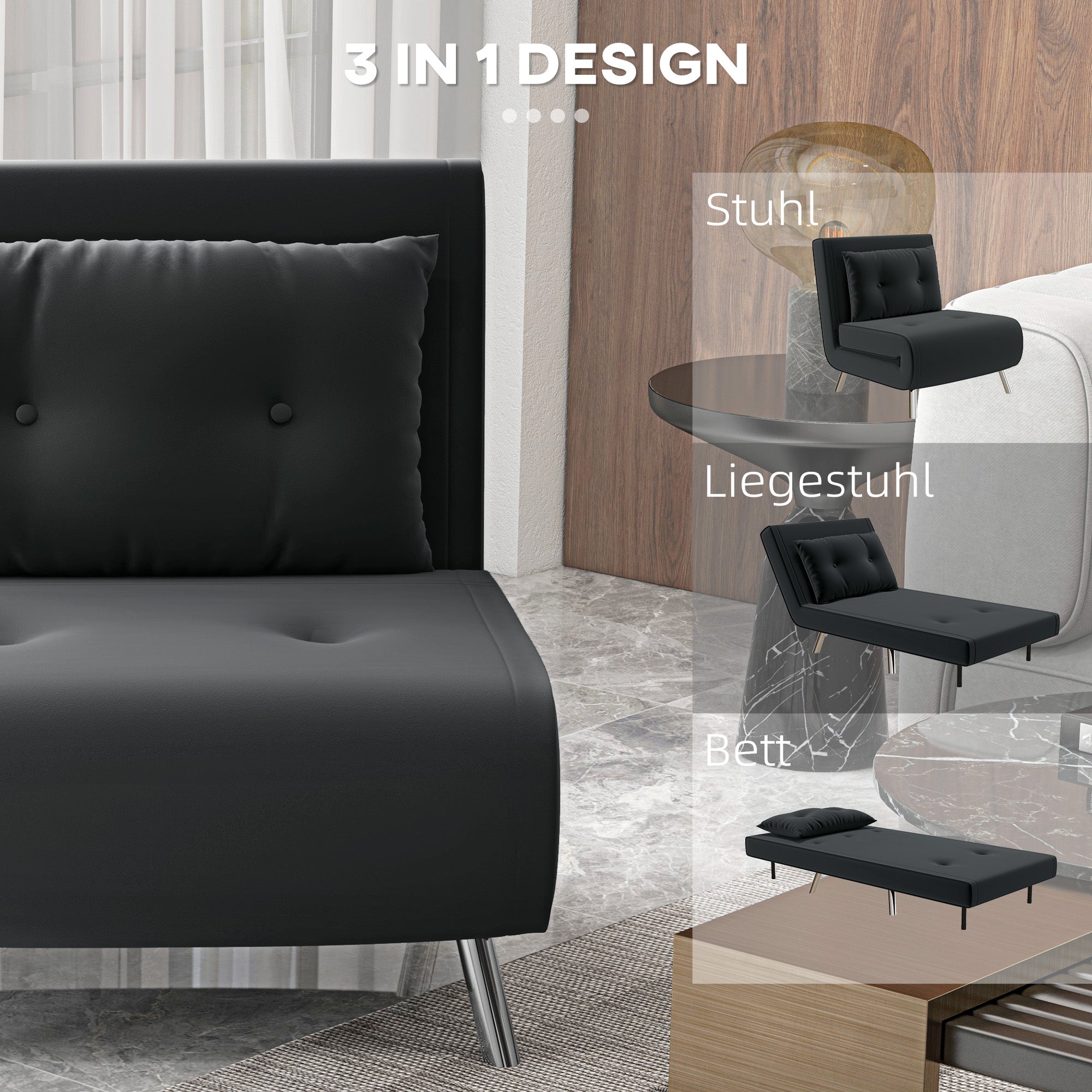 HOMCOM Liegesessel Sessel mit Liegefunktion Schlafsessel, Knopfheftung, Leinenoptik, 77 cm x 88 cm x 83 cm, Schwarz