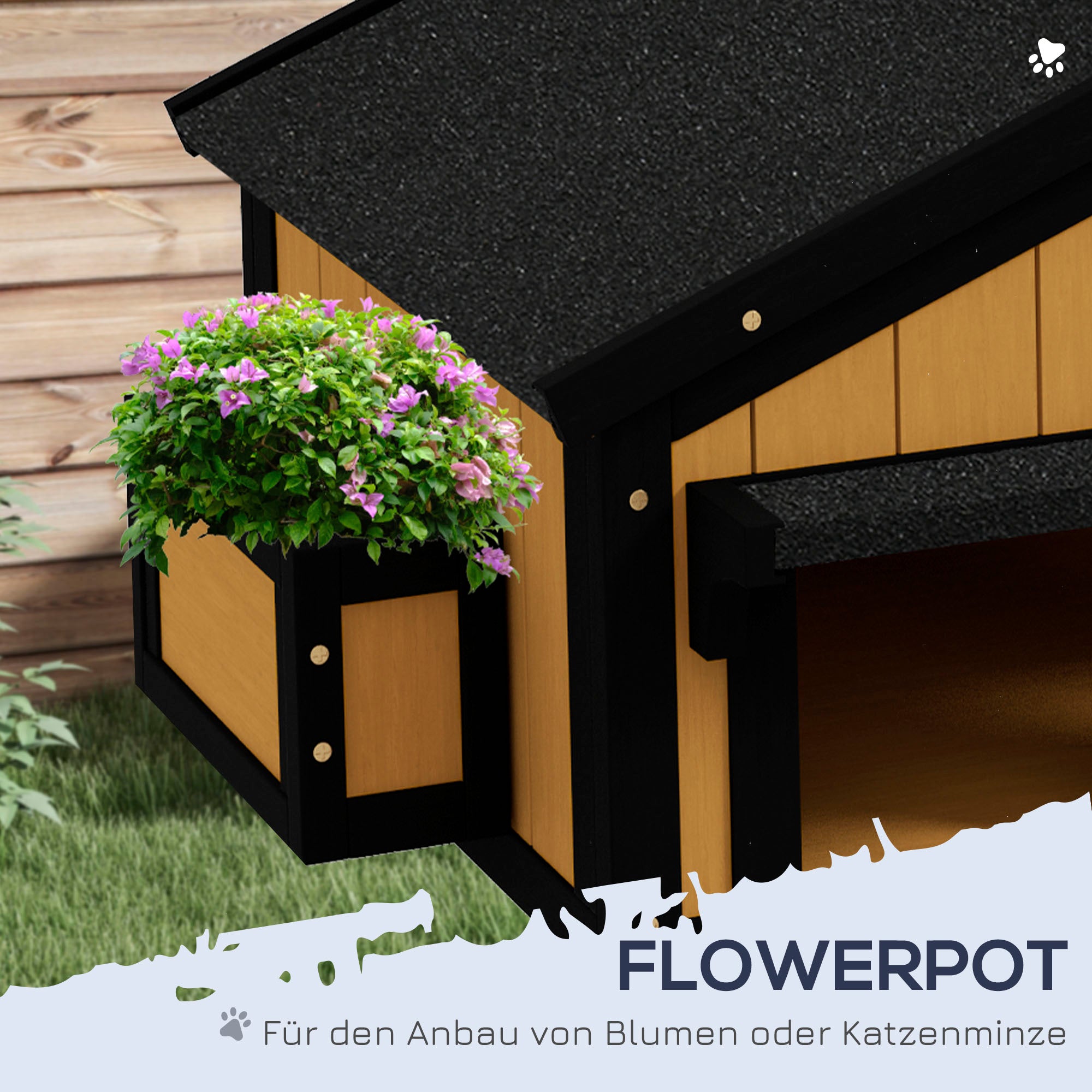PawHut Katzenhaus Katzenhütte Katzenhöhle, inkl. Blumenkasten, 96 cm x 65 cm x 85,5 cm, Gelb + Weiß + Schwarz