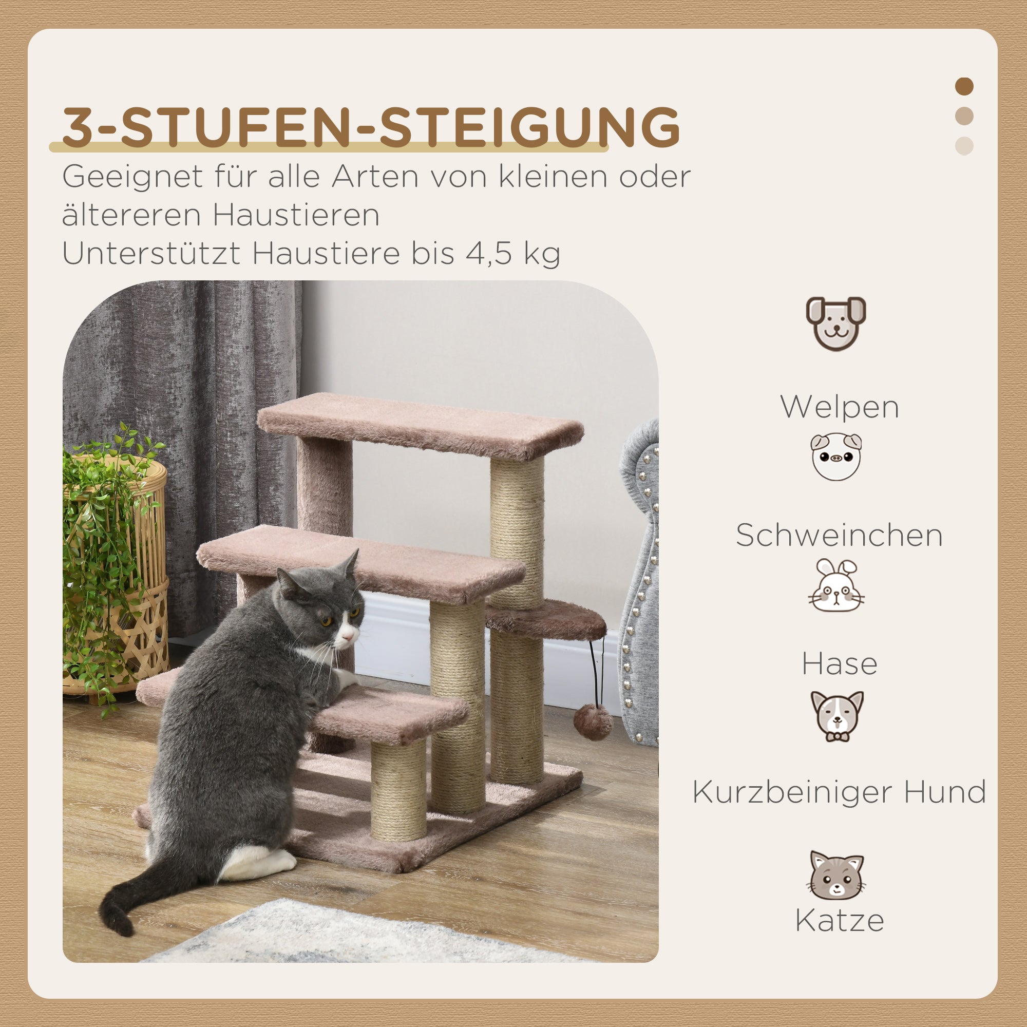 PawHut Kratzbaum, Haustiertreppe, 3 Stufen, Spielball, bis 5 kg, 45x40x48cm, Braun