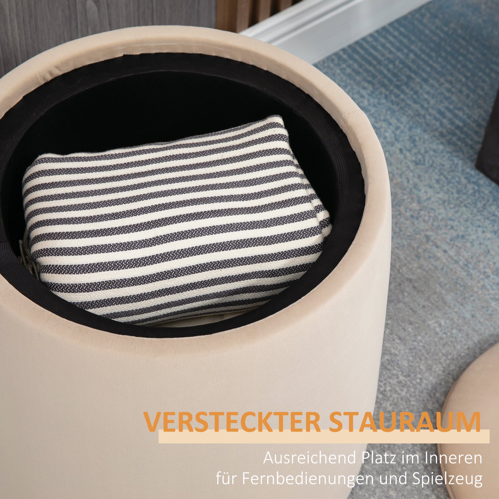 HOMCOM 2-in-1 Hocker in Samtoptik inklusive Stauraum und abnehmbaren Deckel Φ44 cm x 47,5 cm Beige