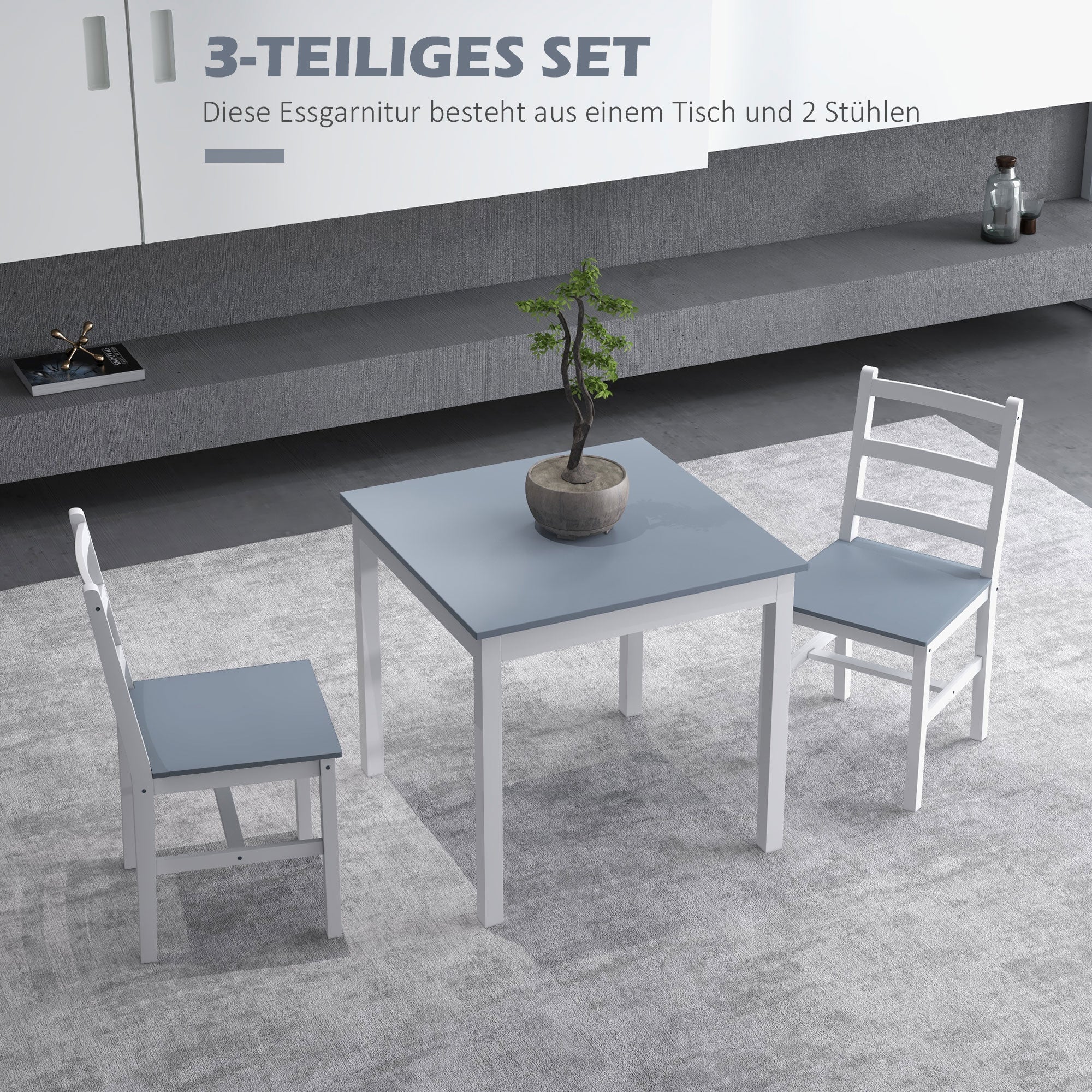 HOMCOM Essgruppe für 2 Personen, 2 Stühle, 1 Tisch, Kiefernholz, Weiß + Grau