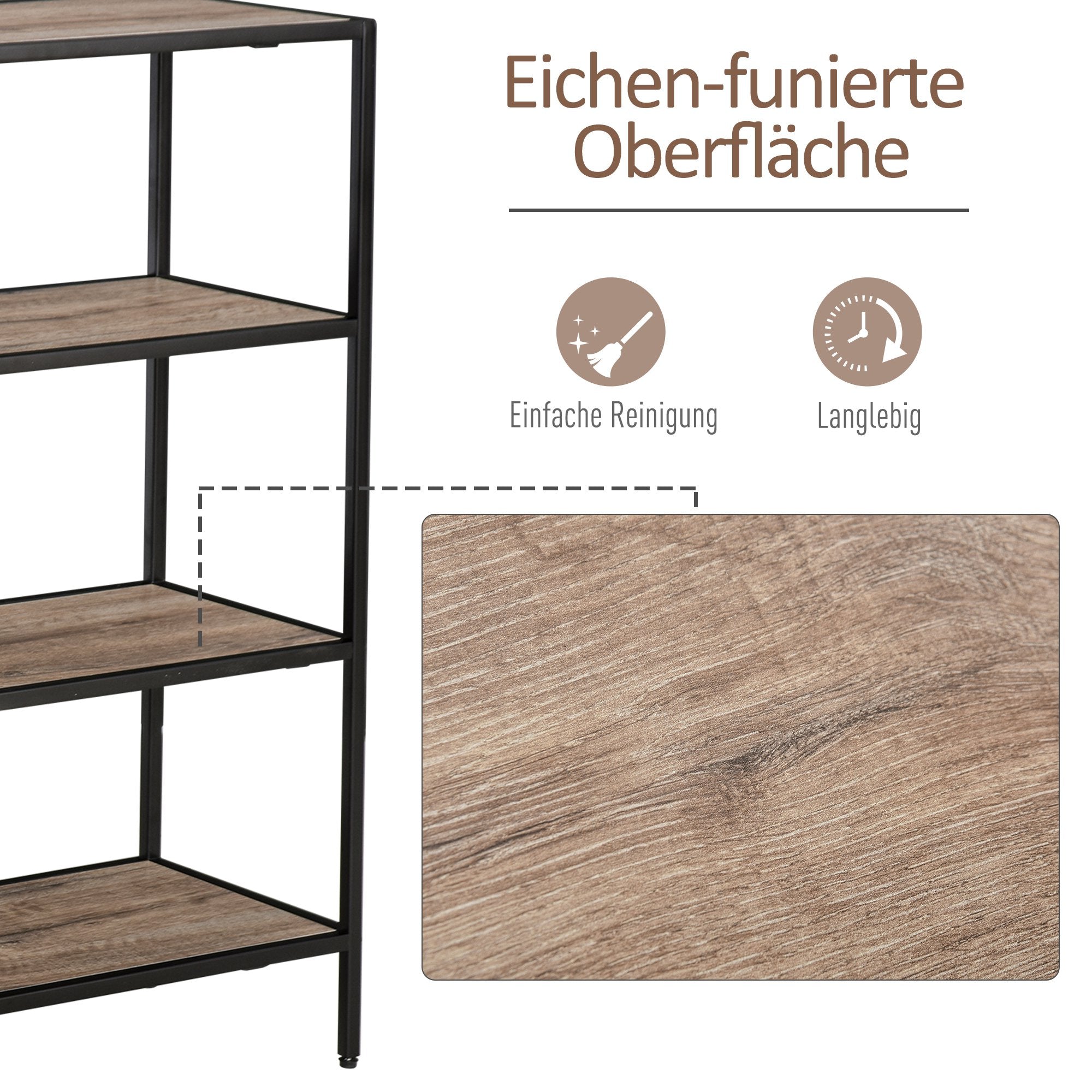 HOMCOM Standregal, Bücherregal Lagerregal Industrieller Stil, Aktenregal, Küchenregal, P2 Spanplatte, Metall, Schwarz+helle Eiche, 120 x 32 x 95 cm