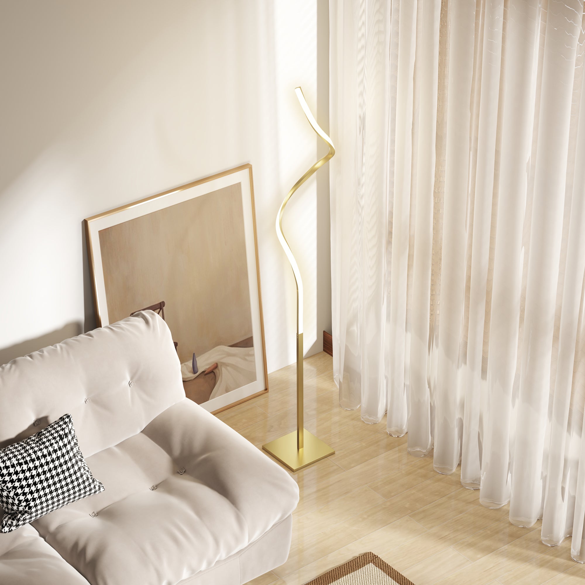 HOMCOM Stehleuchte im Spiraldesign, Fußschalter, 3 Helligkeitsstufen, 1,46 m, Gold