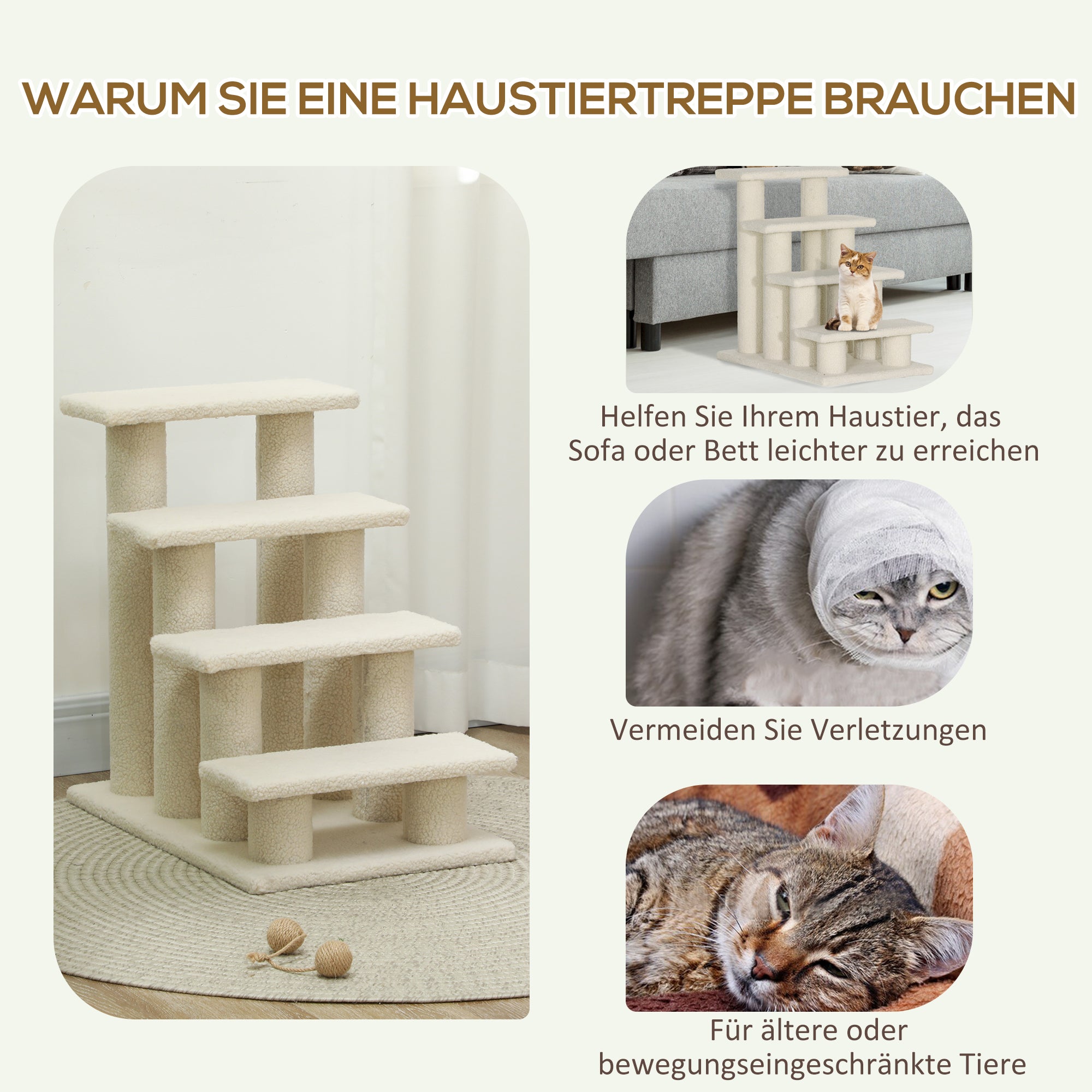 PawHut Tiertreppe Katzentreppe Hundetreppe Treppe für Katze und Hunde 4 Stufen Cremeweiß 63,5x43x60cm